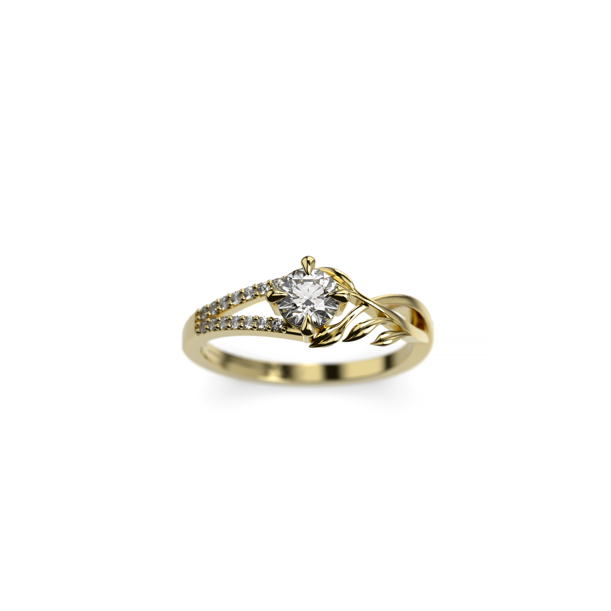 Round diamond engagement ring with leaf band design in 18K yellow gold – nature inspired bridal jewelry