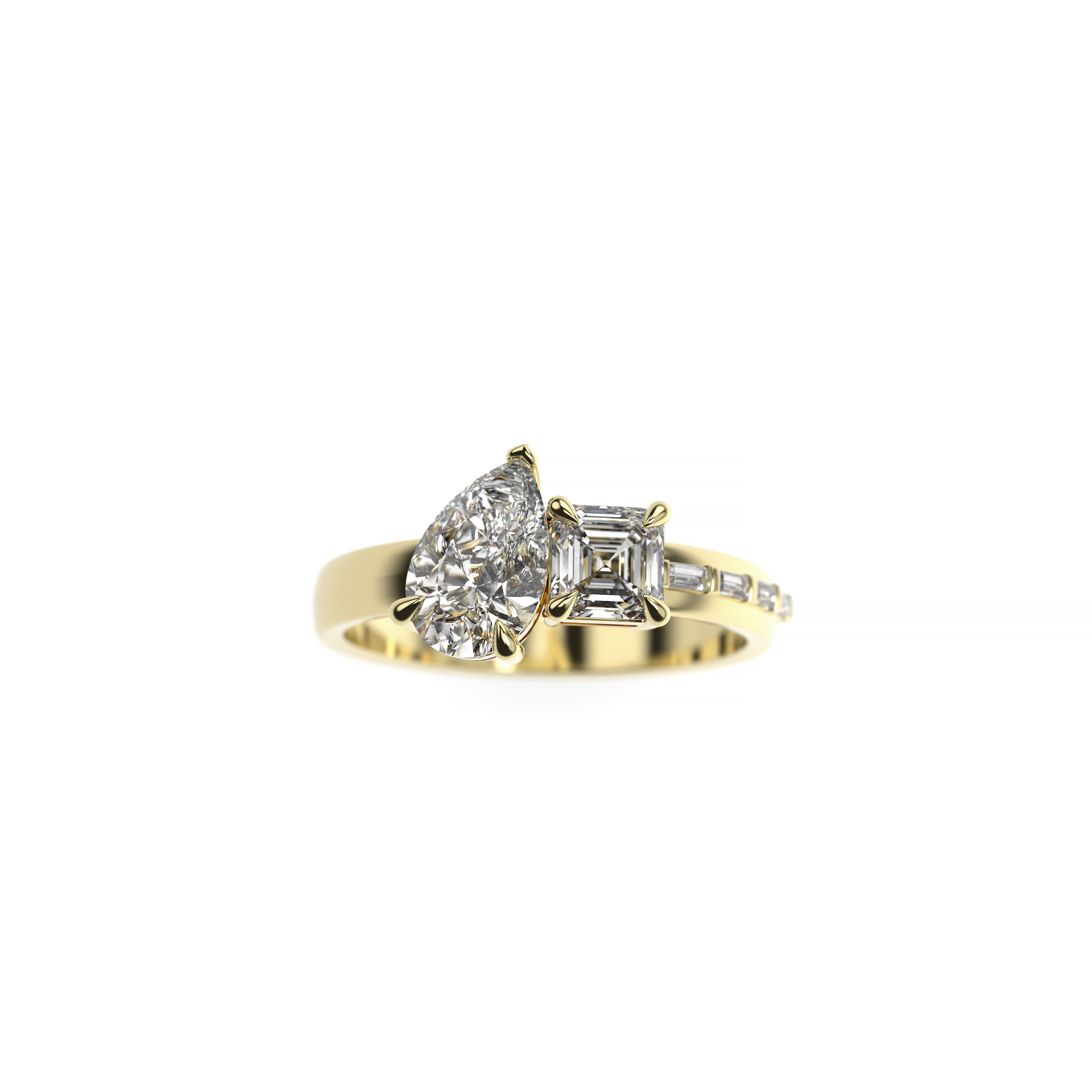 Pear with Asscher Cut Diamond Engagement Ring with Baguette-Set Band