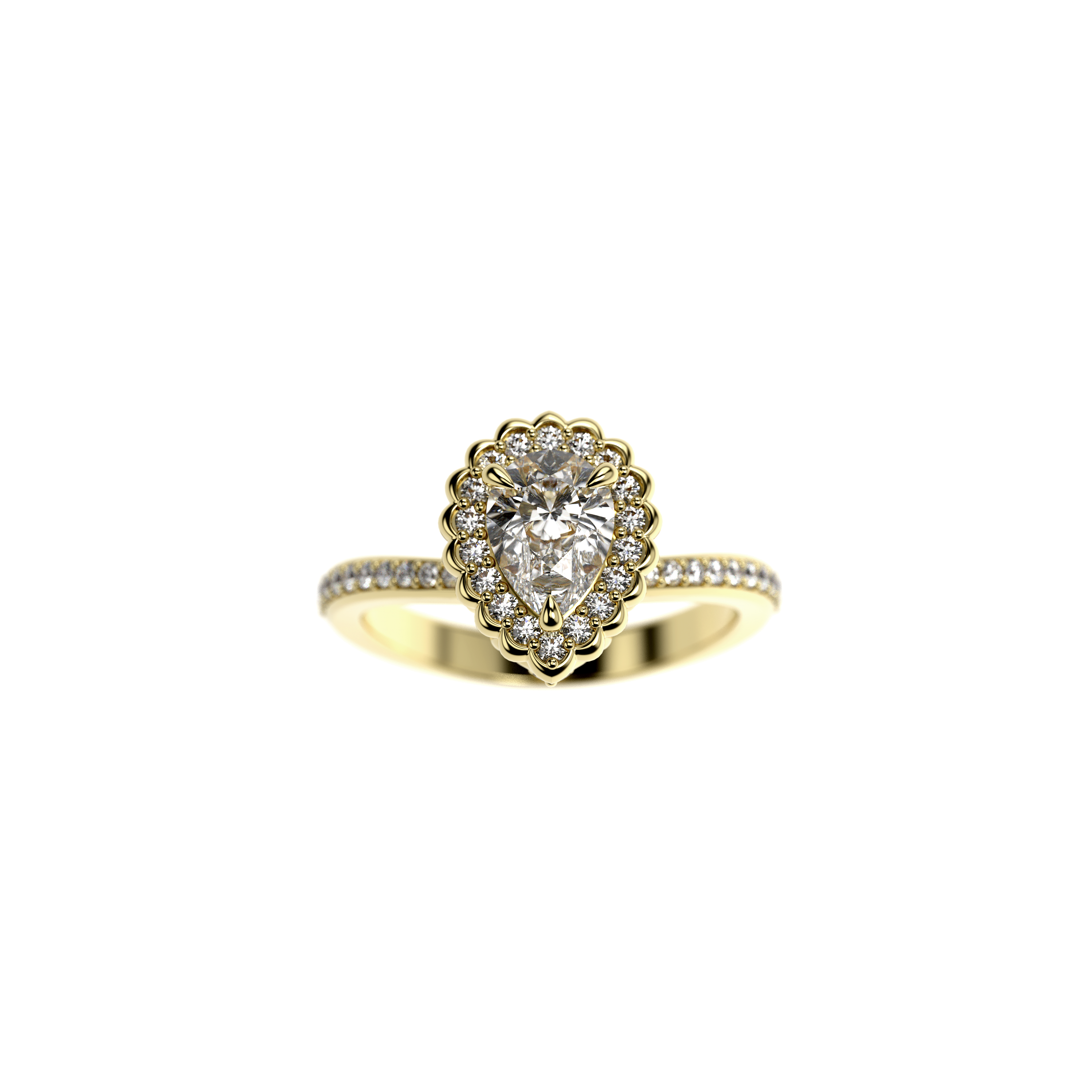 Halo Engagement Ring with Pear-Shaped Diamond and Diamond Shank