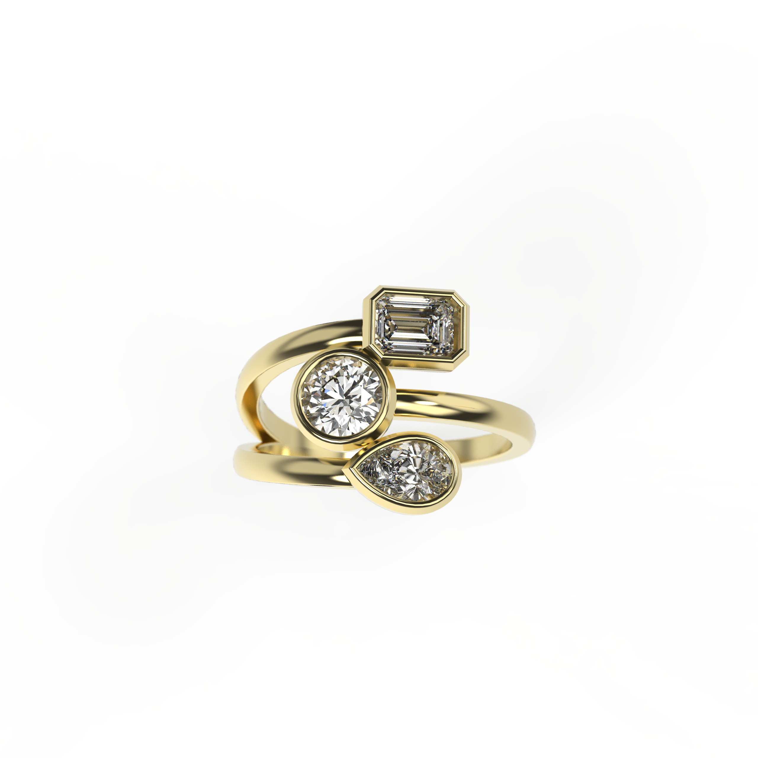 3 Diamond Ring – Emerald, Pear & Round Cuts