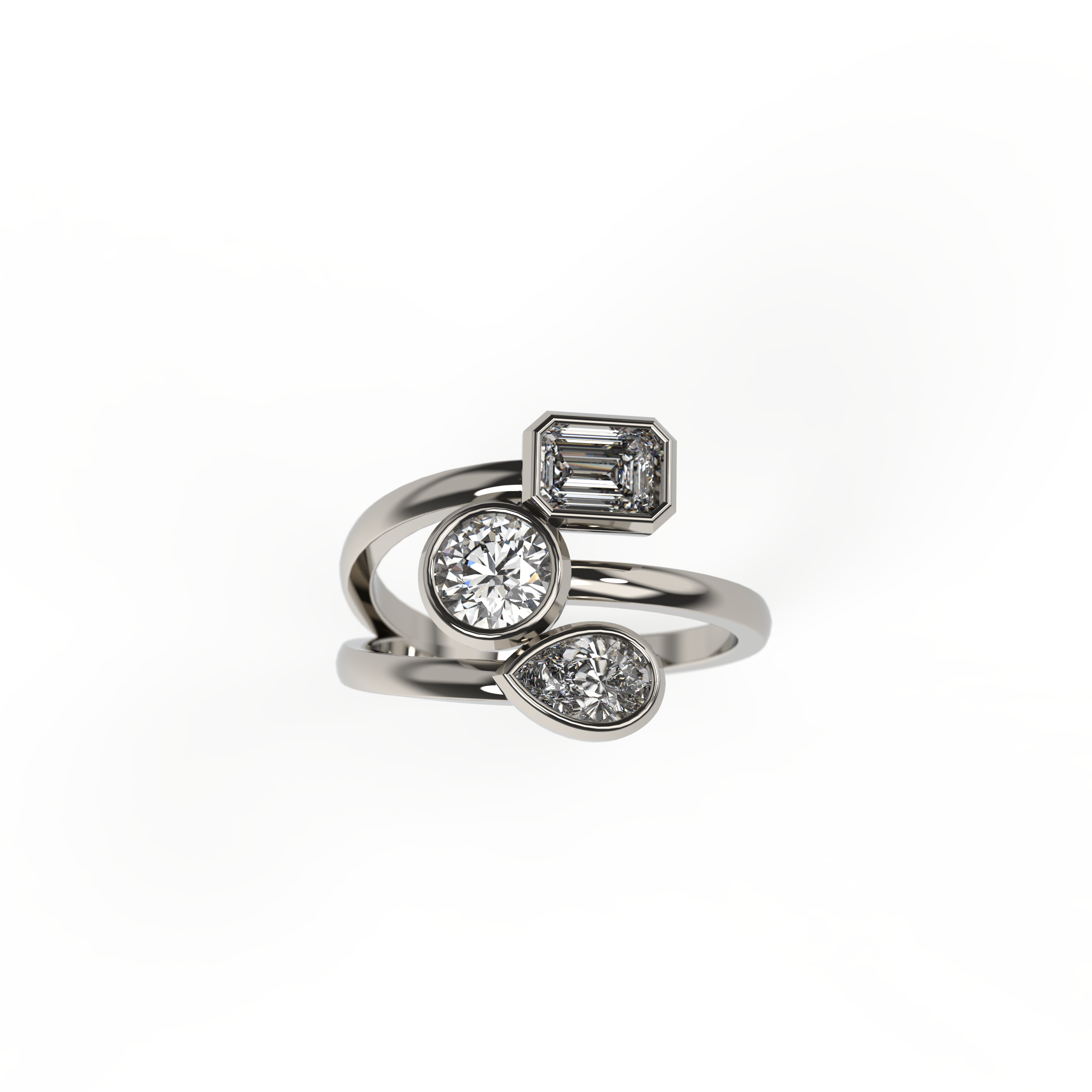 3 Diamond Ring – Emerald, Pear & Round Cuts