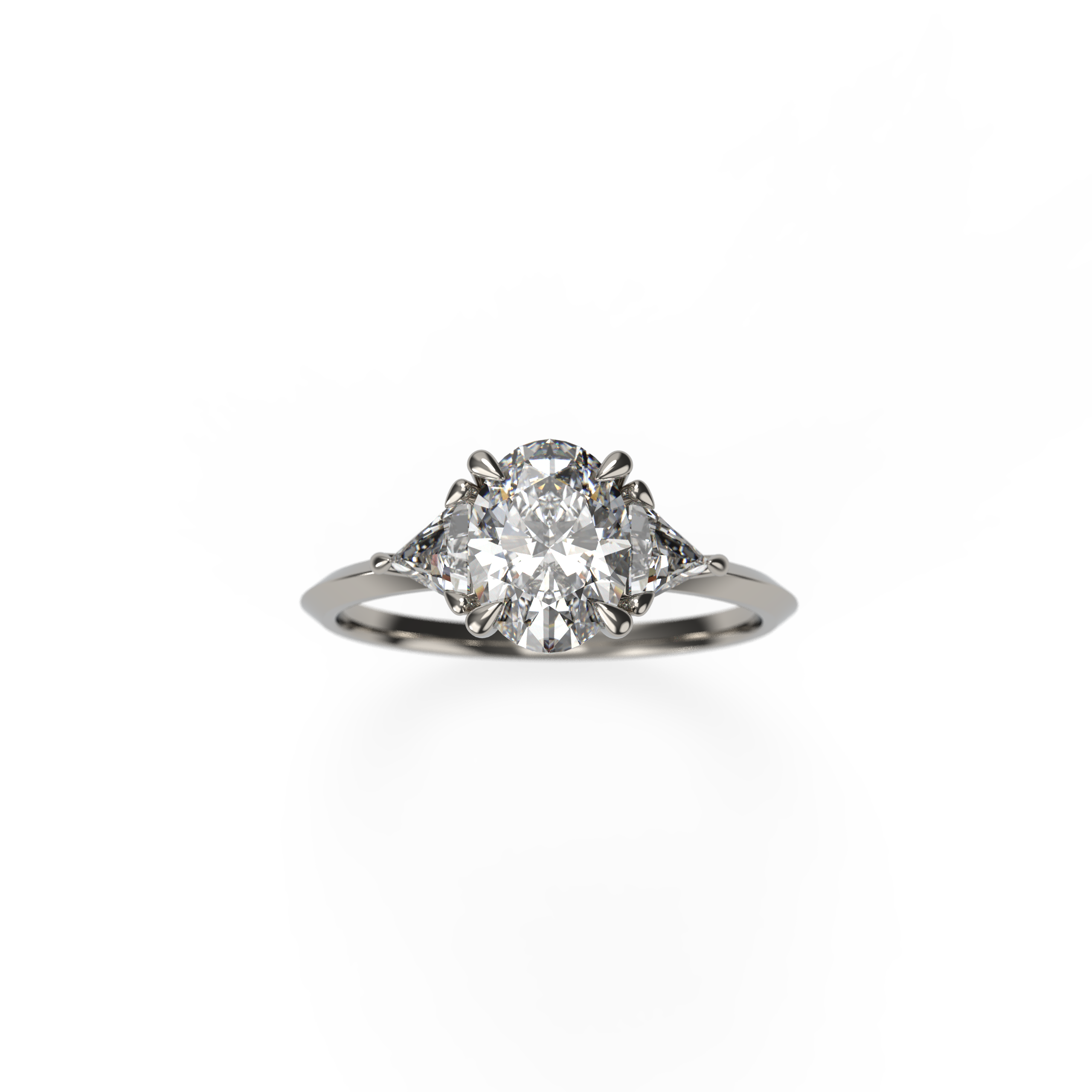 Oval Diamond Engagement Ring with Trillion Diamonds and Knife-Edge Band