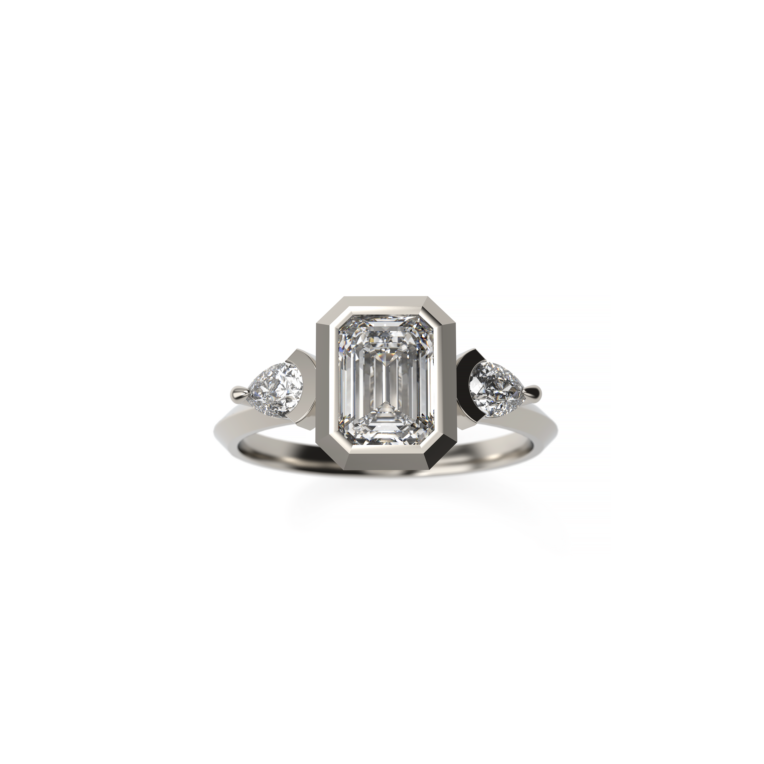 Emerald Cut Diamond Engagement Ring with Accent Pear Cut Diamonds and Knife-Edge Band