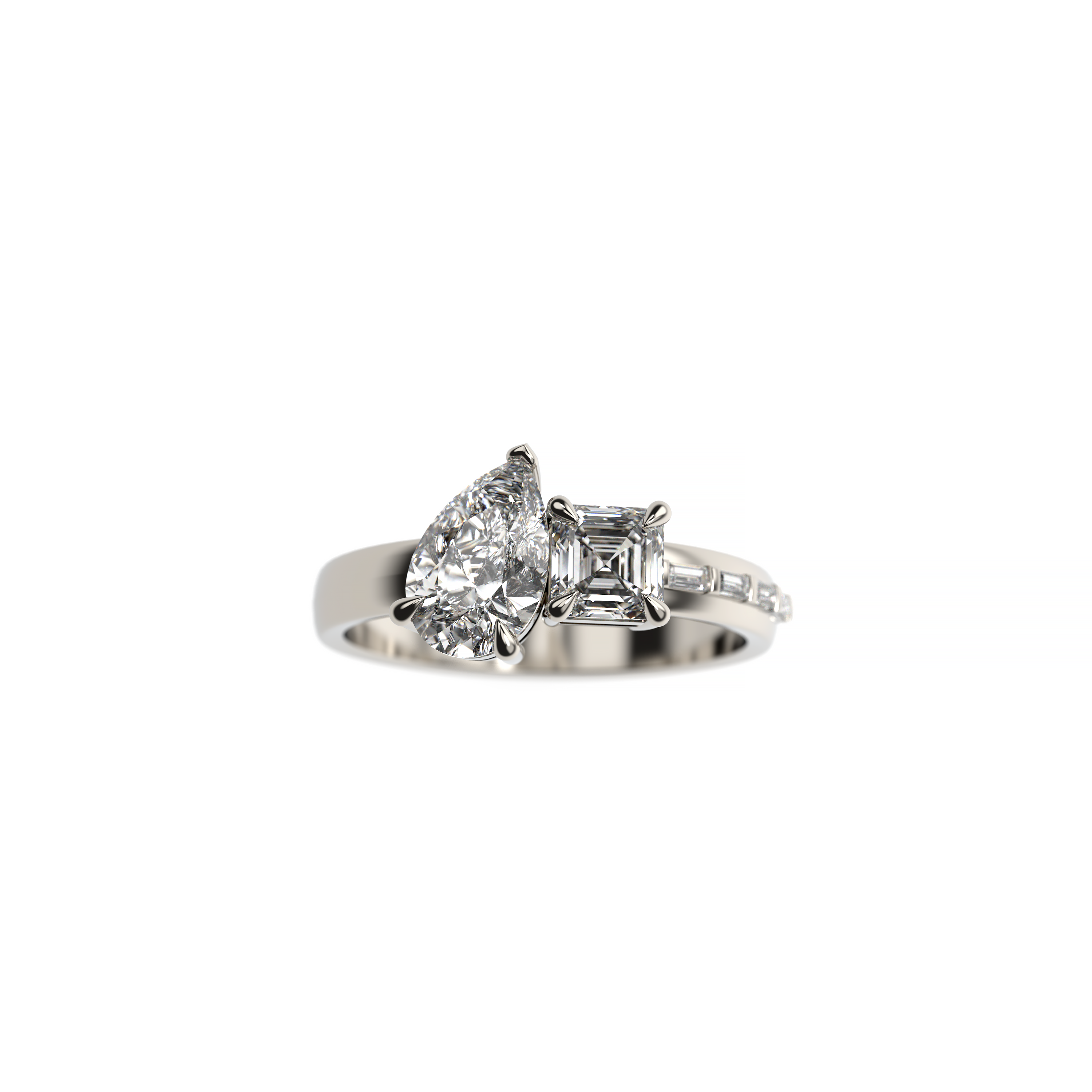 Pear with Asscher Cut Diamond Engagement Ring with Baguette-Set Band