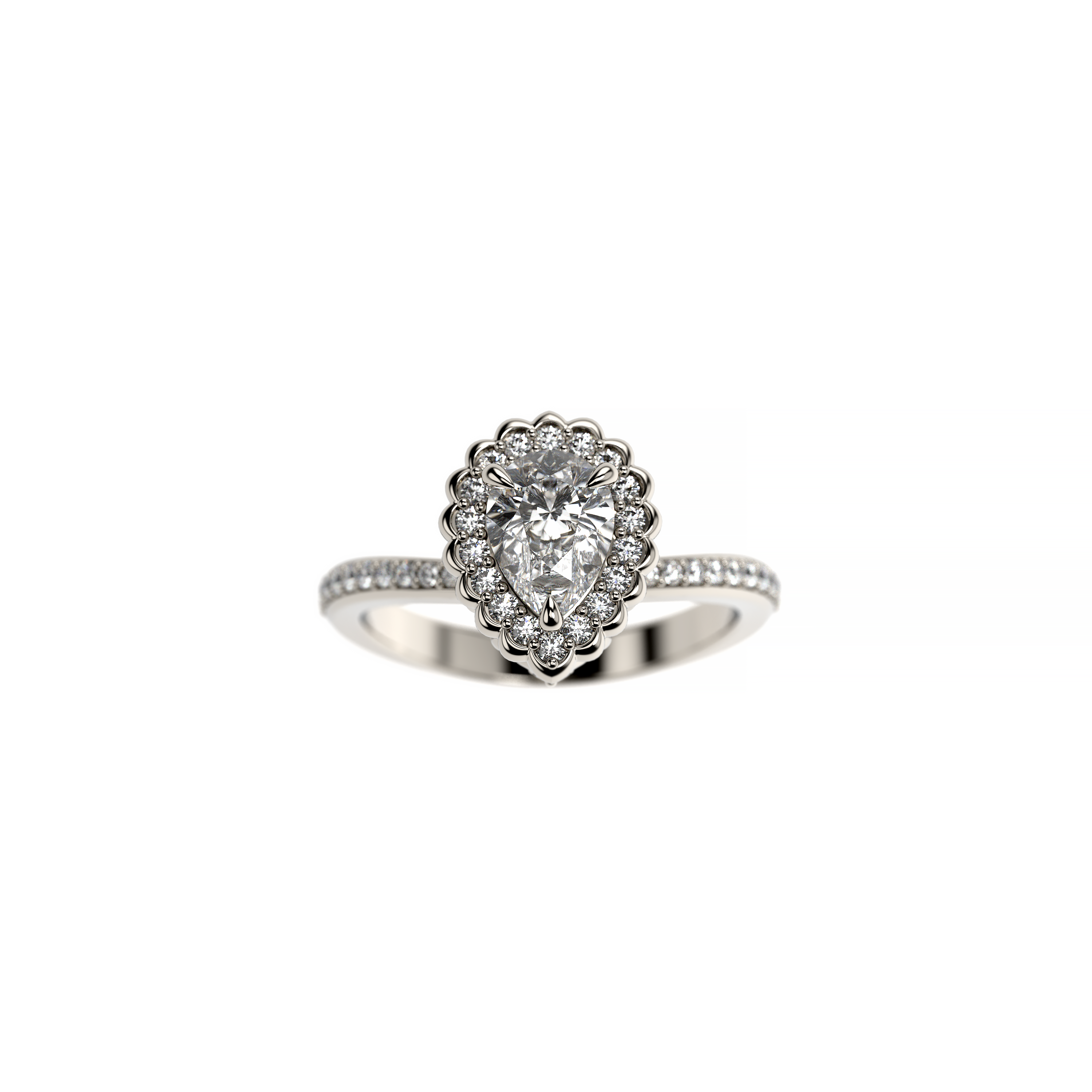 Halo Engagement Ring with Pear-Shaped Diamond and Diamond Shank