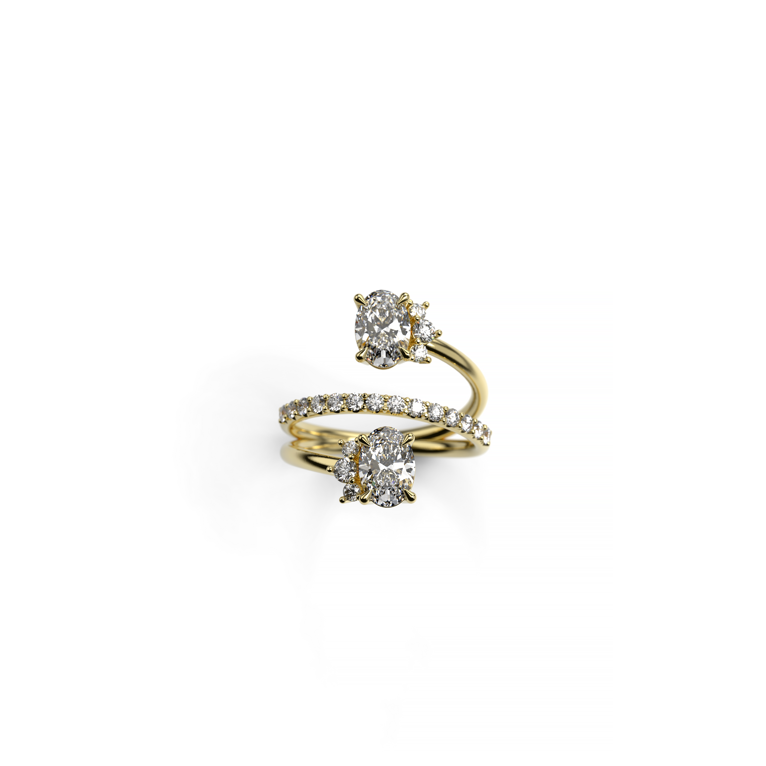 Yellow gold bypass ring featuring two oval diamonds with half halos and a pavé-set diamond band, top view