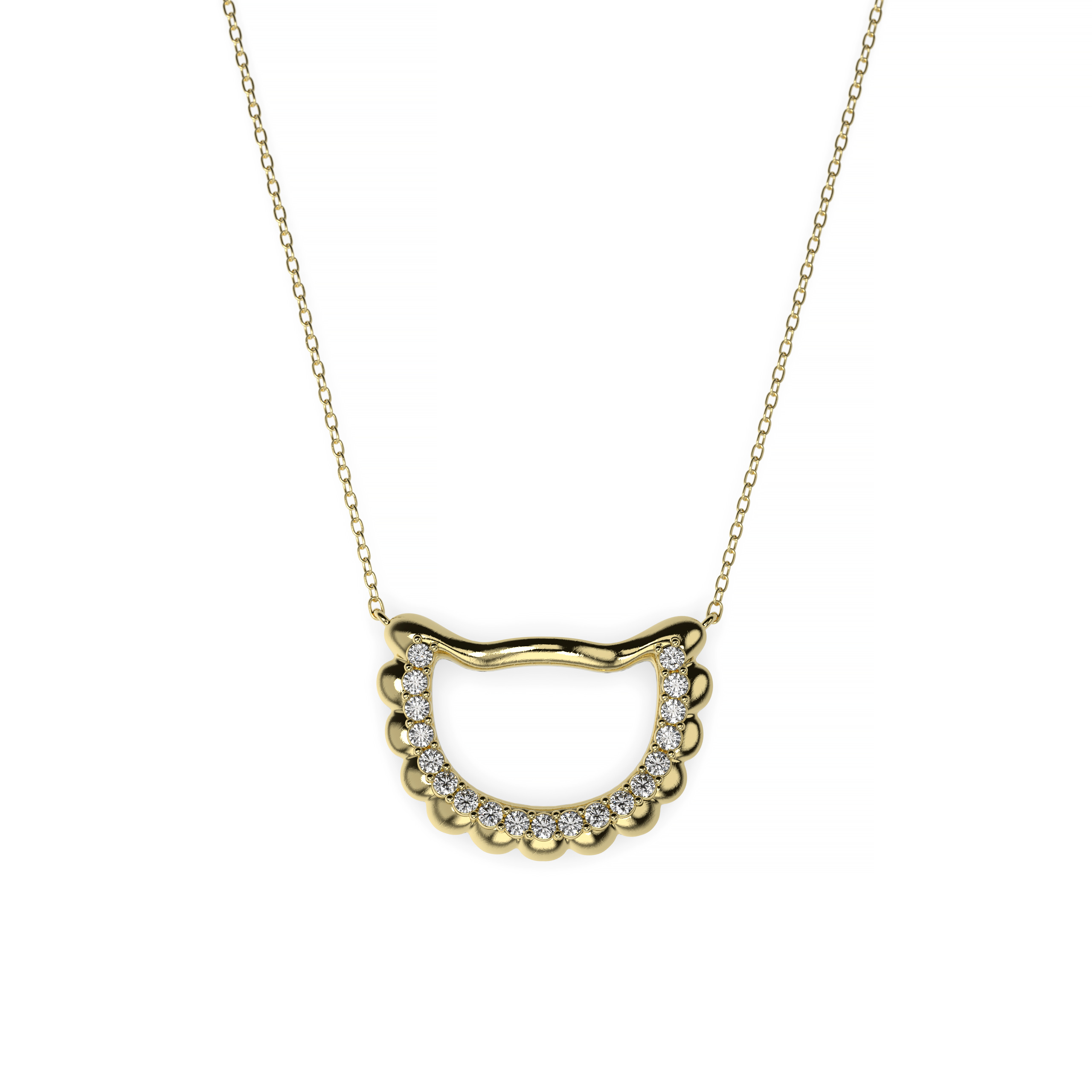 Gold pendant necklace with pavé diamonds in modern pierogi-inspired design on white background