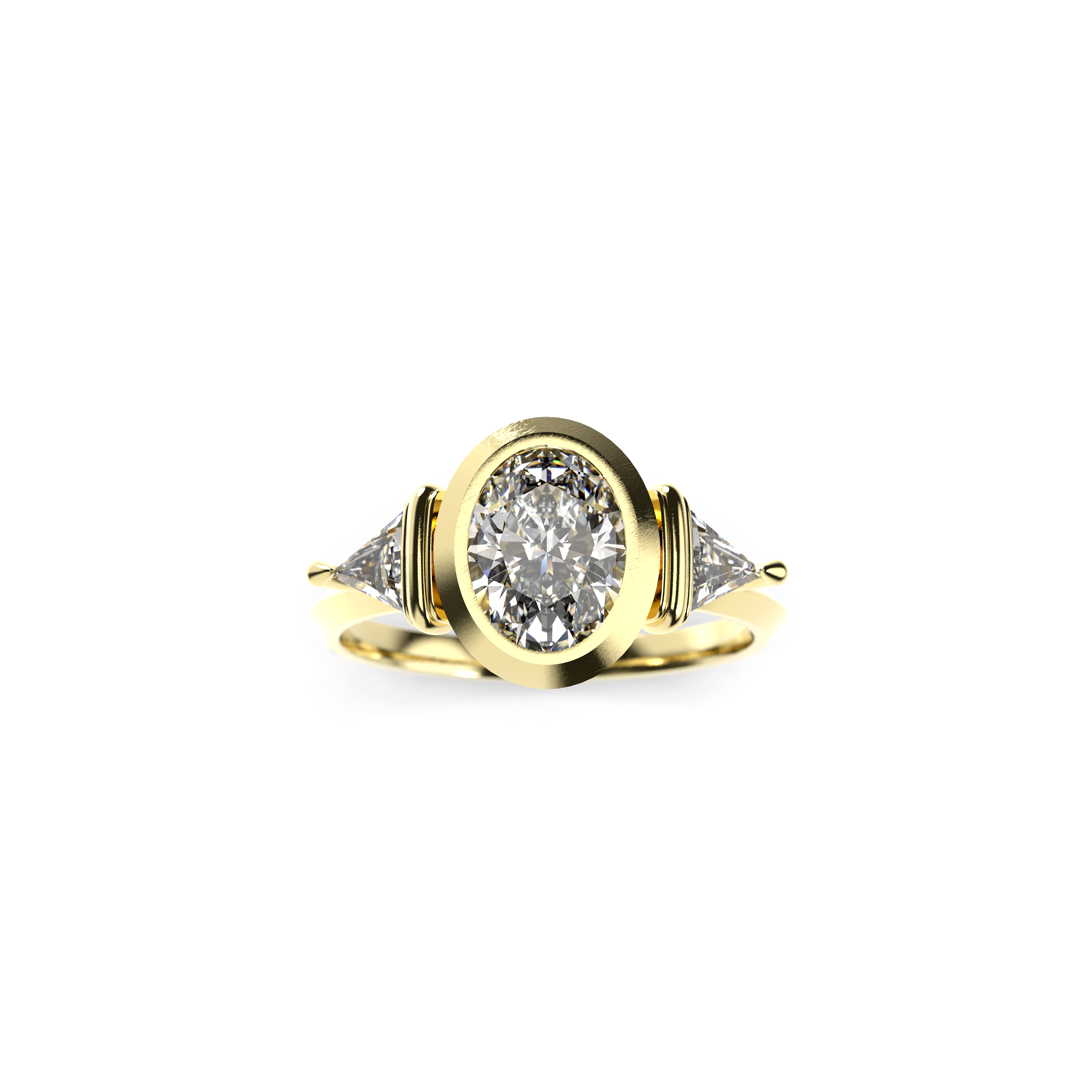 Oval Bezel-Set Diamond Engagement Ring with Trillion Side Stones and Knife-Edge Band