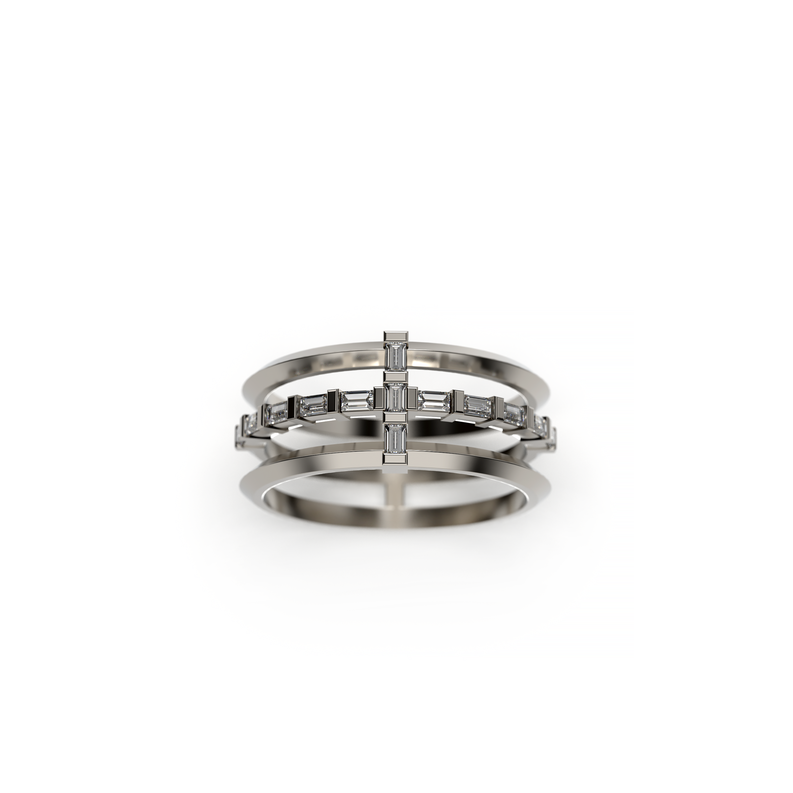 Triple band ring with baguette-cut diamonds in geometric cross layout, shown in white gold on a clean white background
