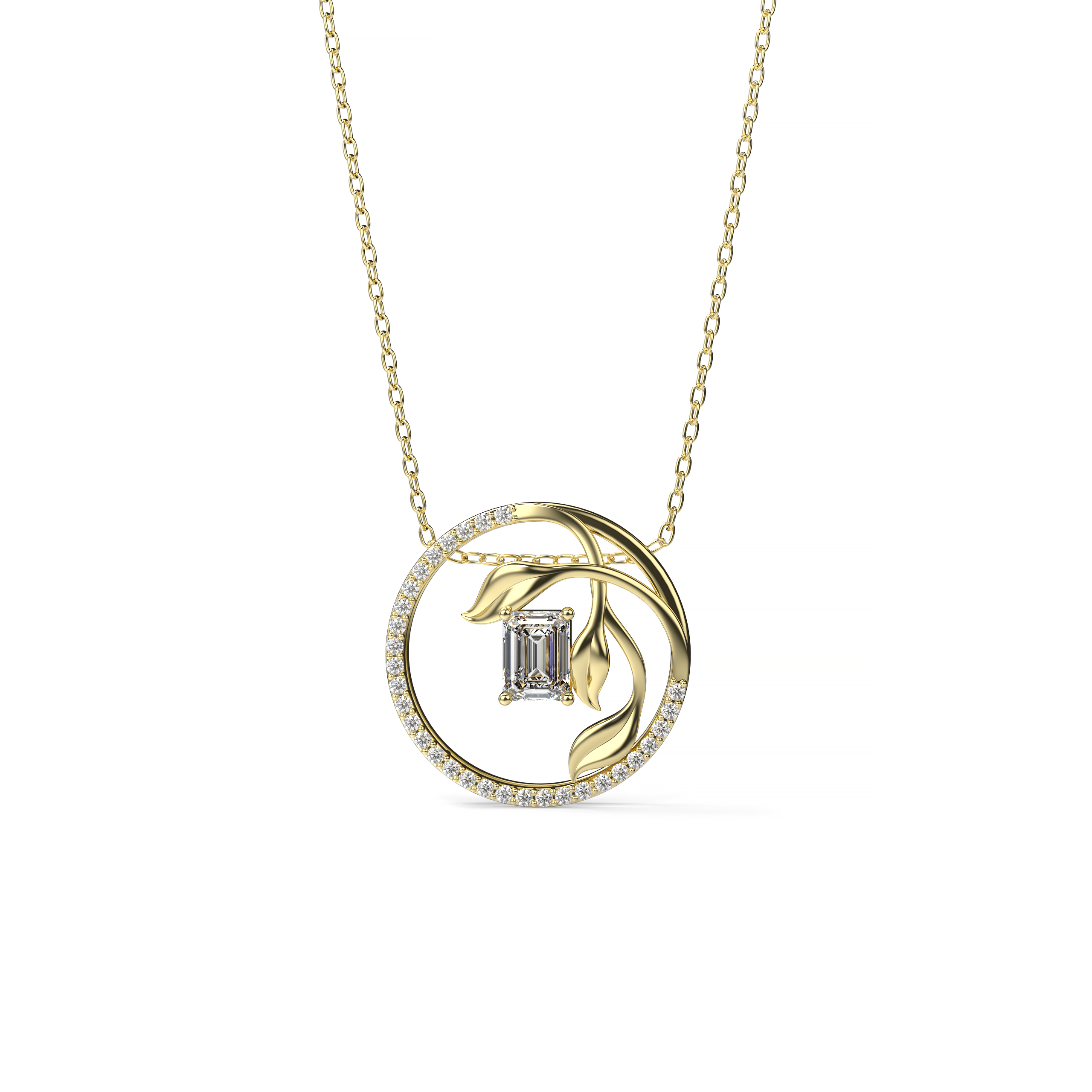 Emerald-Cut Diamond Pendant with Leaf Motif