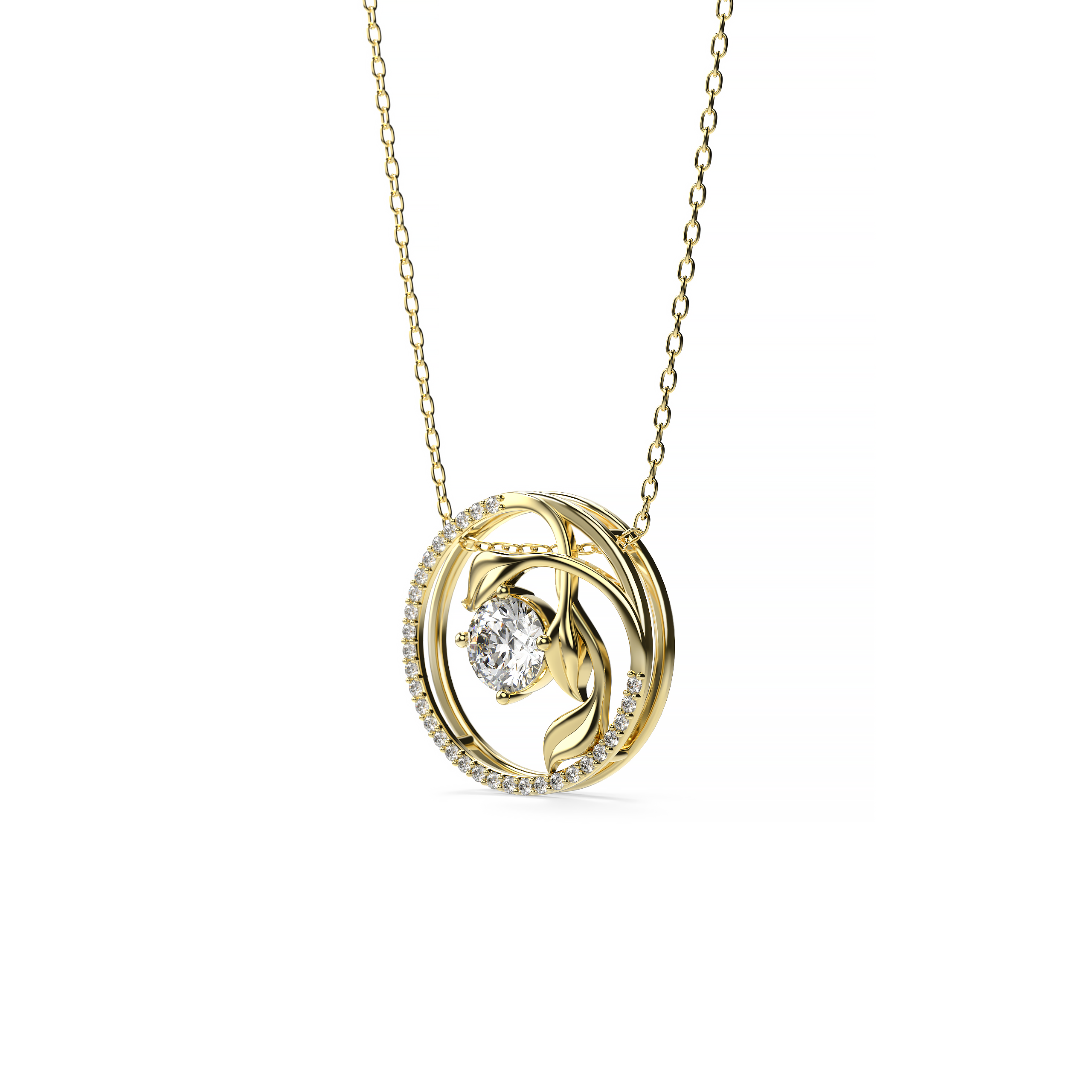 Round-Cut Diamond Pendant with Leaf Motif