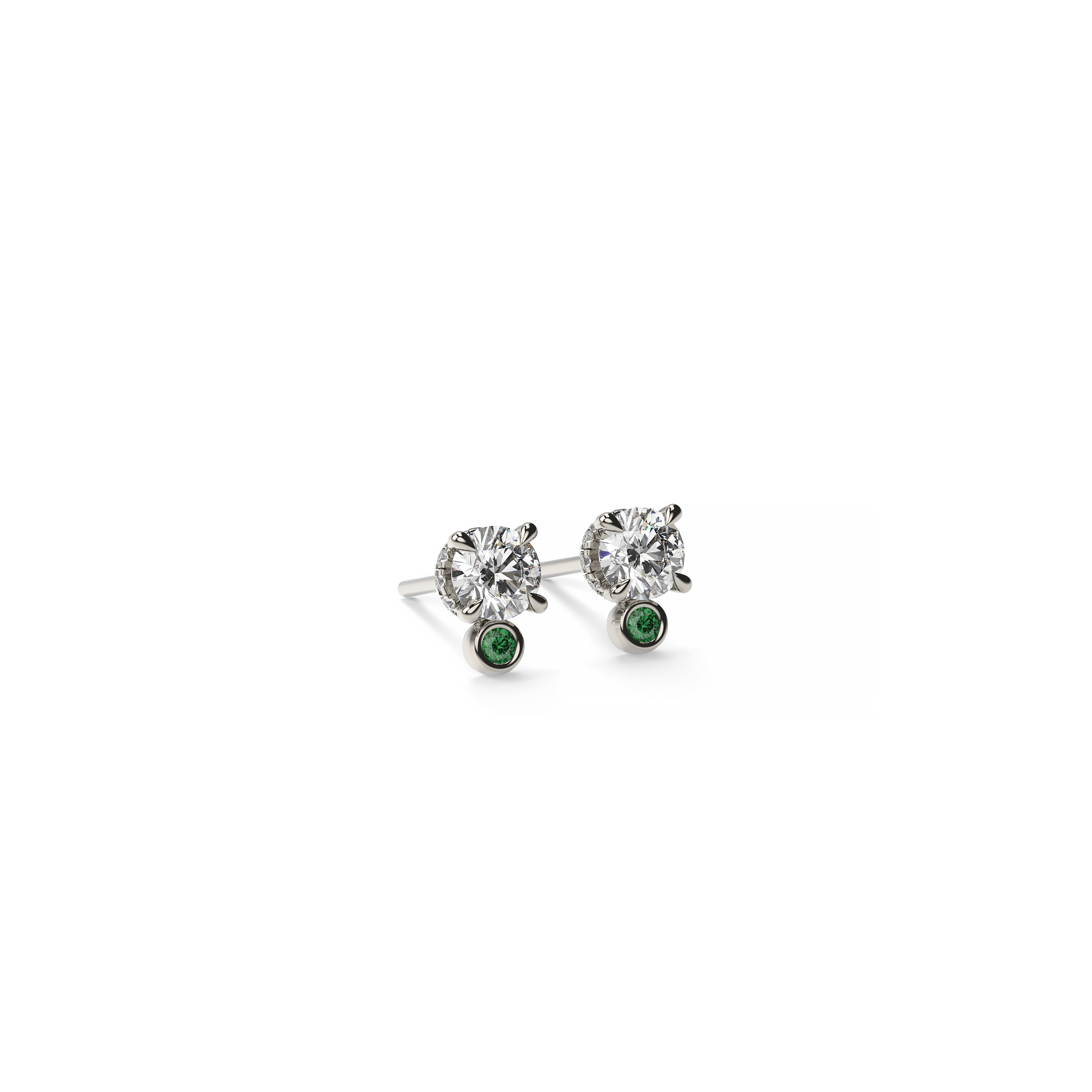 Round Diamond Halo Earrings with Emerald Accents