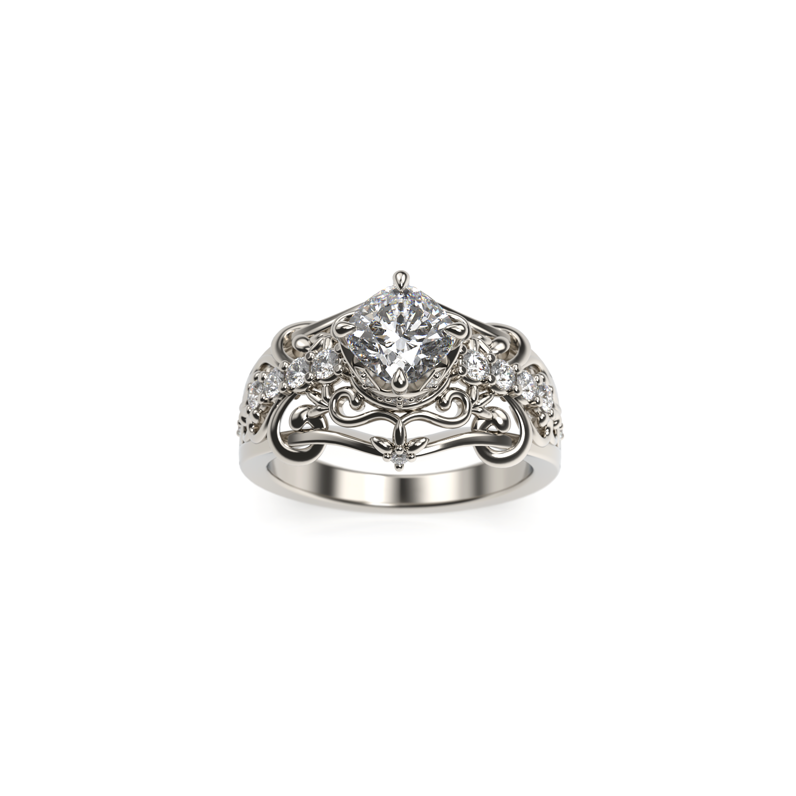 Vintage-inspired cushion-cut diamond ring with hidden halo and filigree scrollwork in white gold on a white background