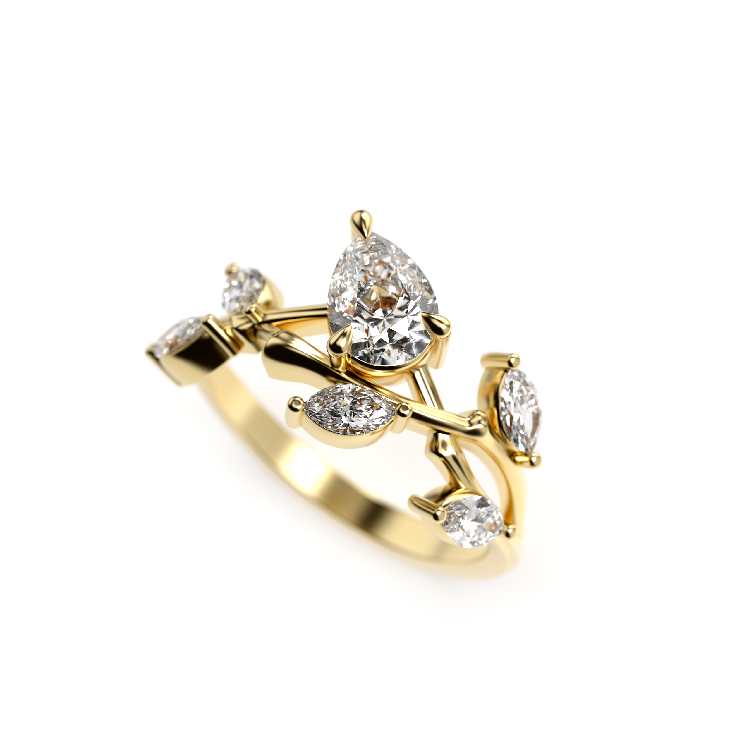 Yellow gold pear-shaped diamond engagement ring with vine design, marquise diamond accents