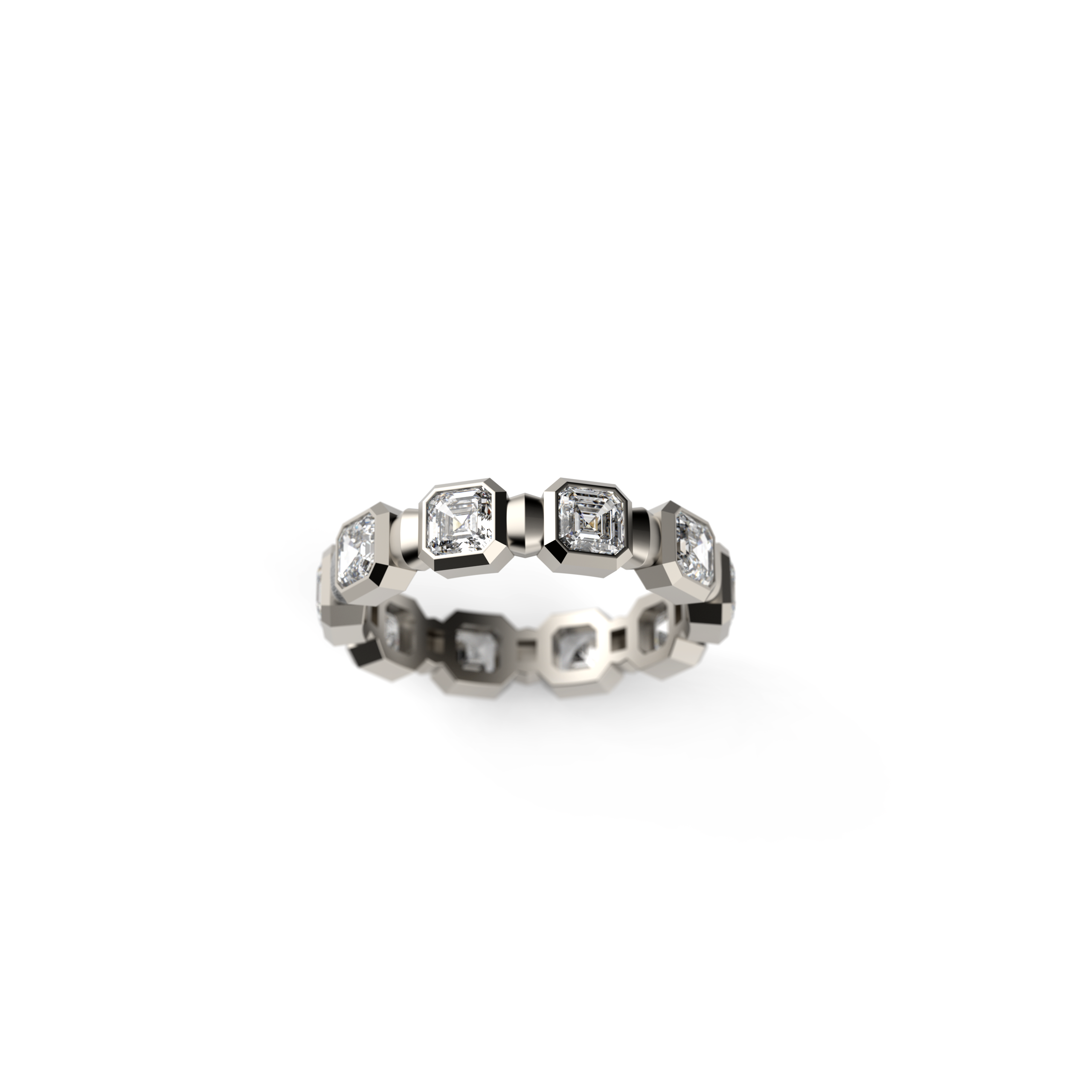Men’s white gold Asscher-cut diamond eternity band with geometric bezel-style diamond settings.