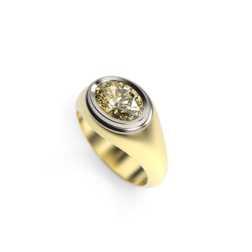 Three-quarter view of a two-tone yellow diamond signet ring showing the rounded shoulder