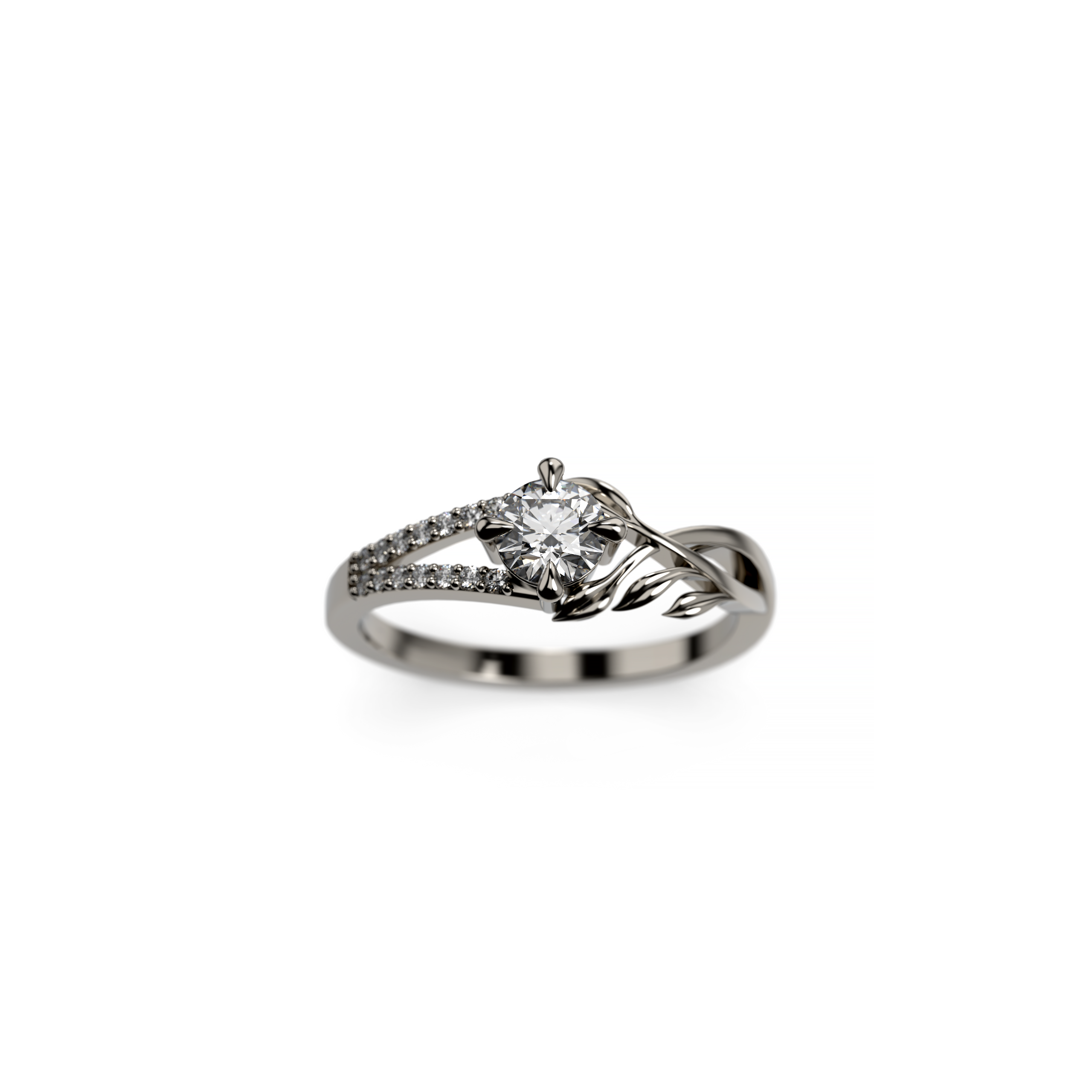 Round diamond engagement ring in 18K white gold with leaf band and pavé-set accents – front angle view
