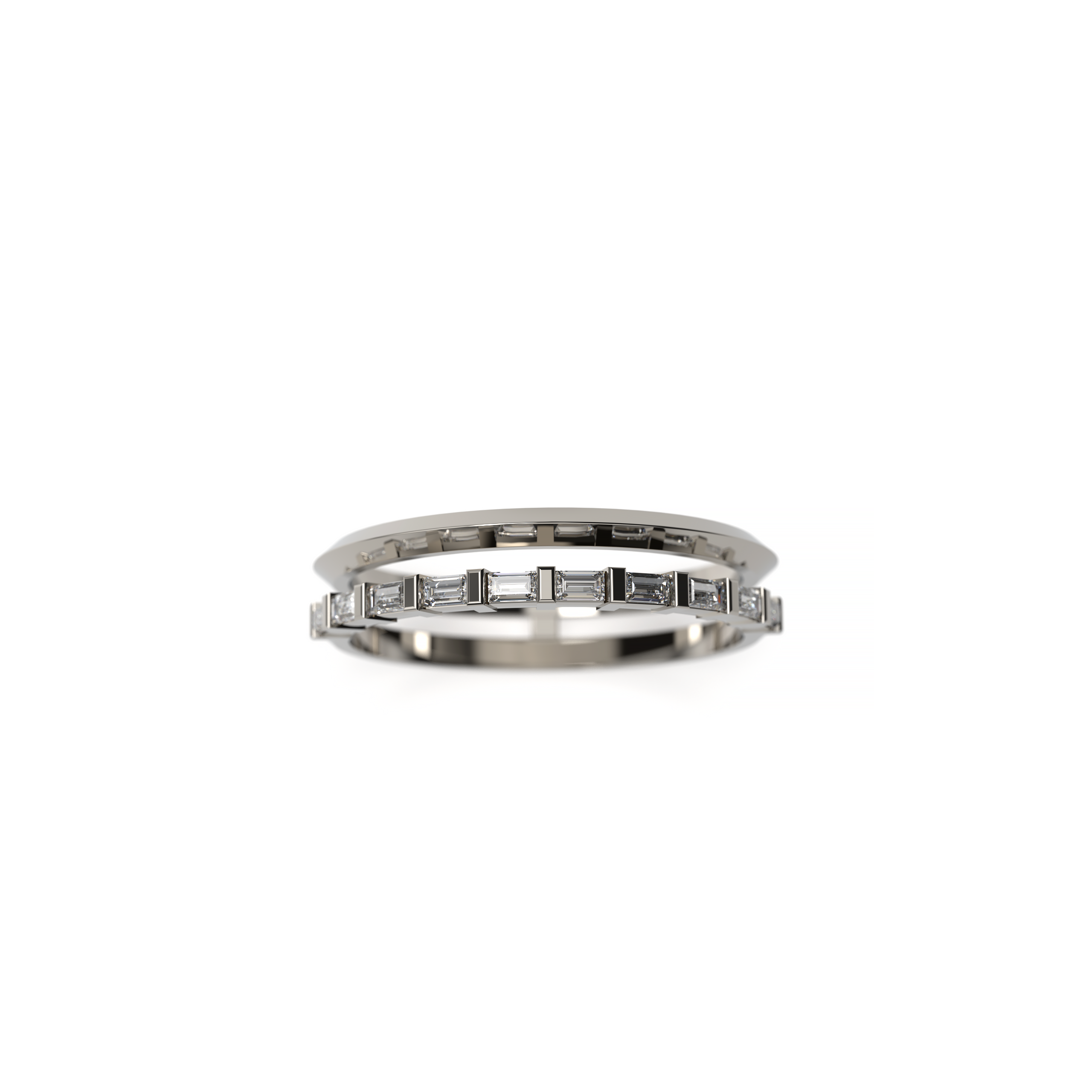 Angled view of a double band baguette diamond ring in white gold, showcasing geometric symmetry and sleek diamond placement.
