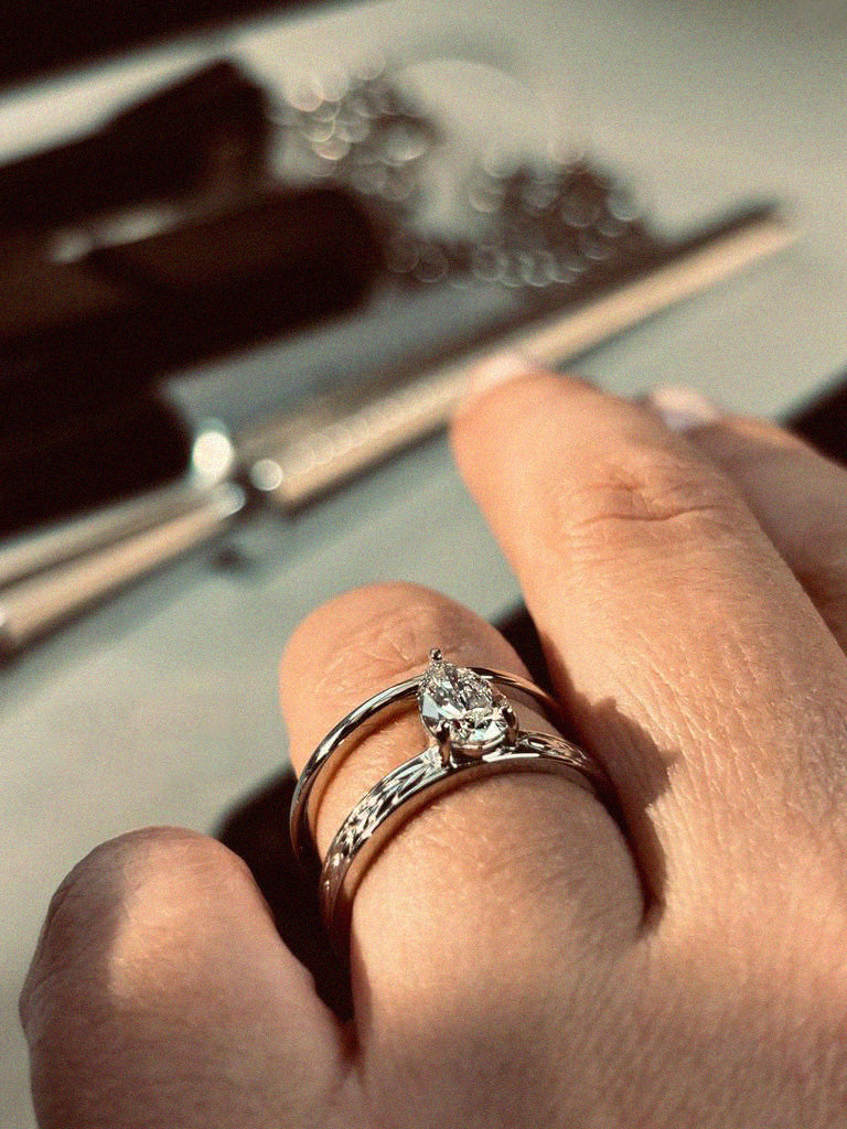 Pear Diamond Wheat-Inspired Double Band Ring