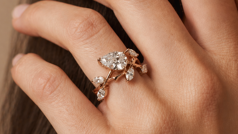 Yellow gold pear-shaped diamond engagement ring with vine design, marquise diamond accents, and pear side stones on a hand
