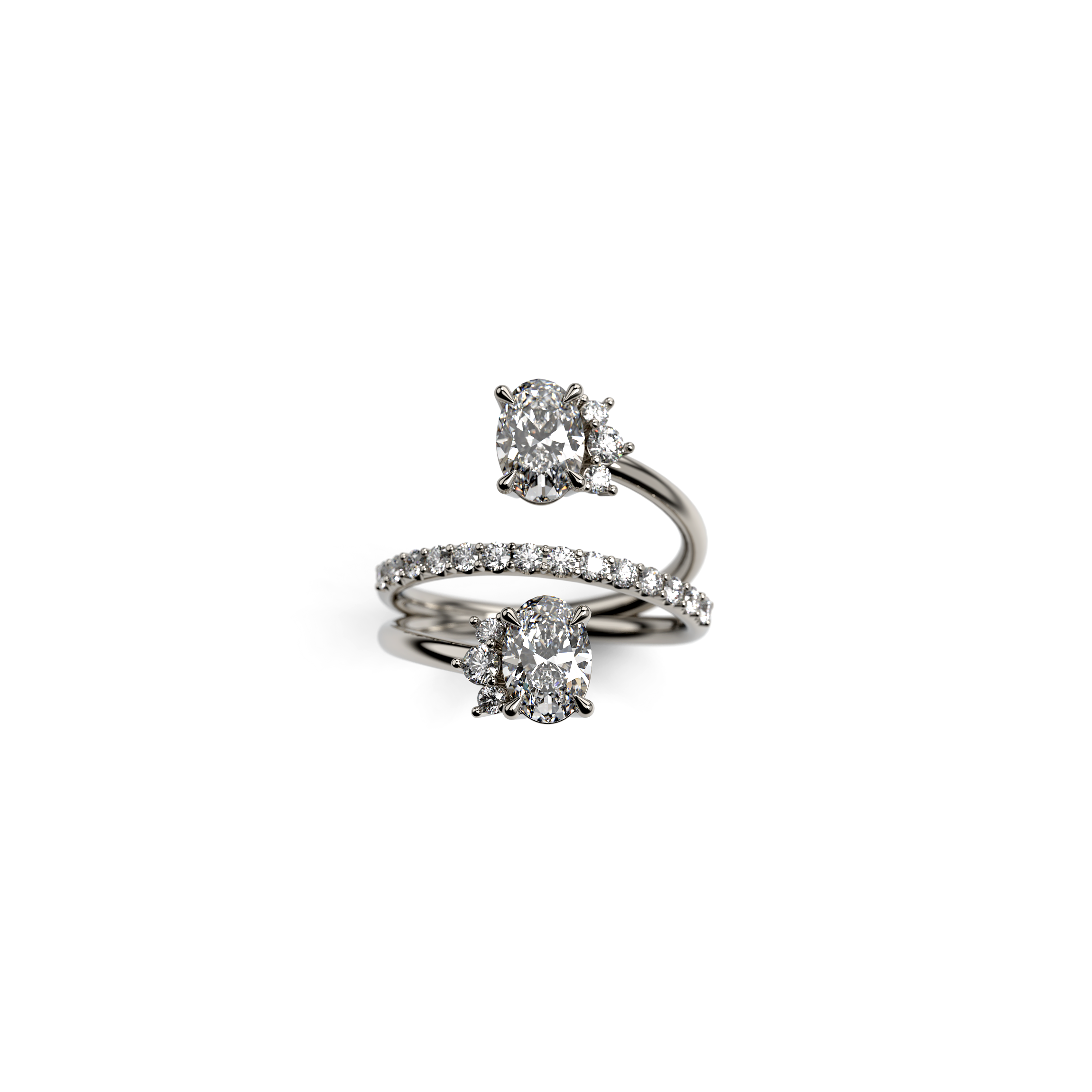 White gold bypass ring featuring two oval diamonds with half halos and a pavé-set diamond band, top view