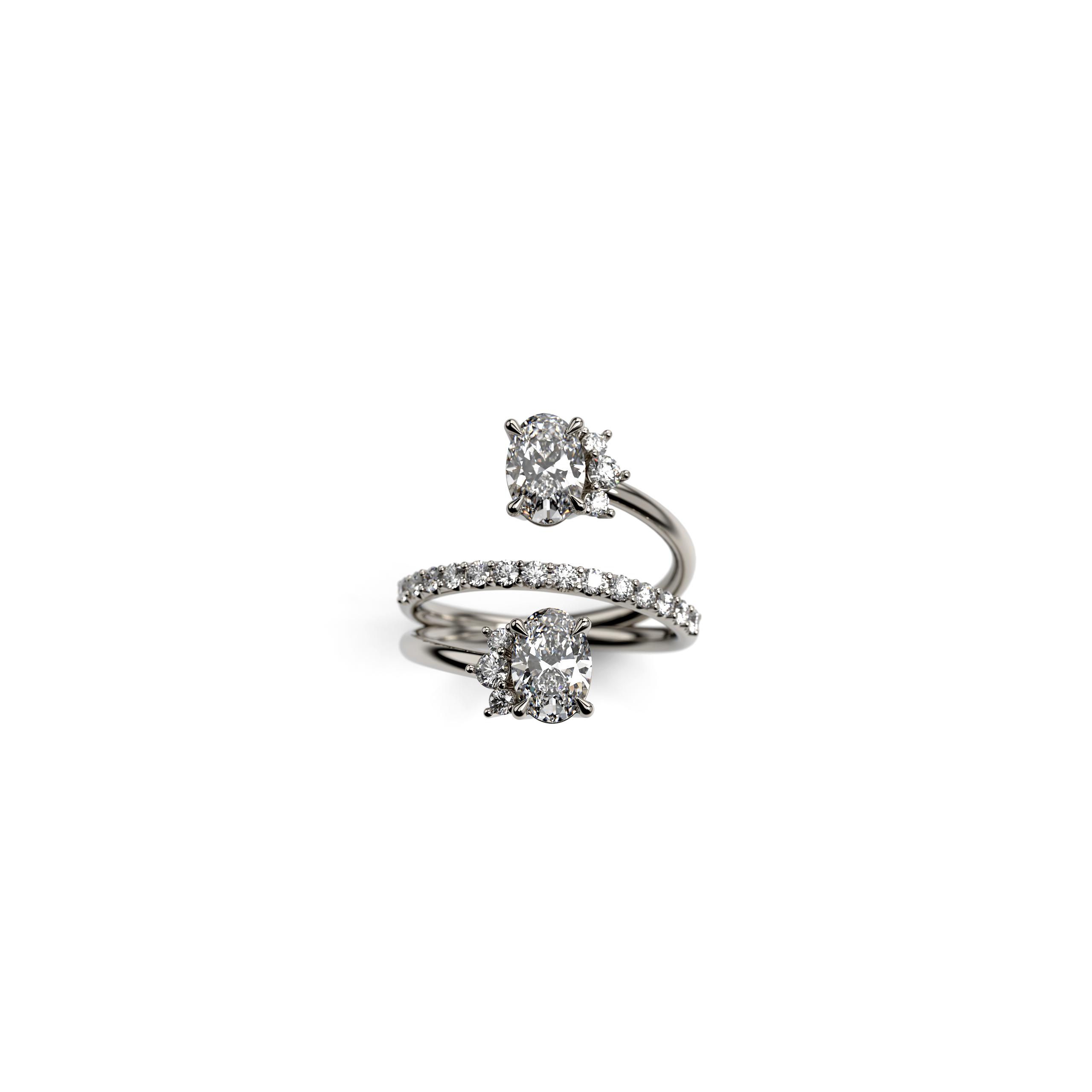 White gold bypass ring featuring two oval diamonds with half halos and a pavé-set diamond band, top view