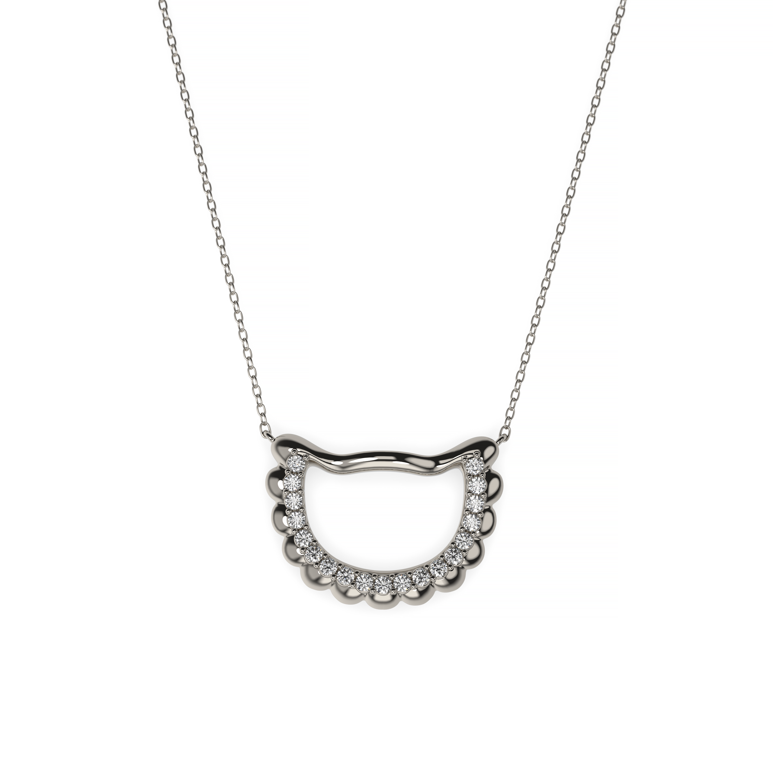 White gold pendant necklace with pavé diamonds in modern pierogi-inspired design on white background