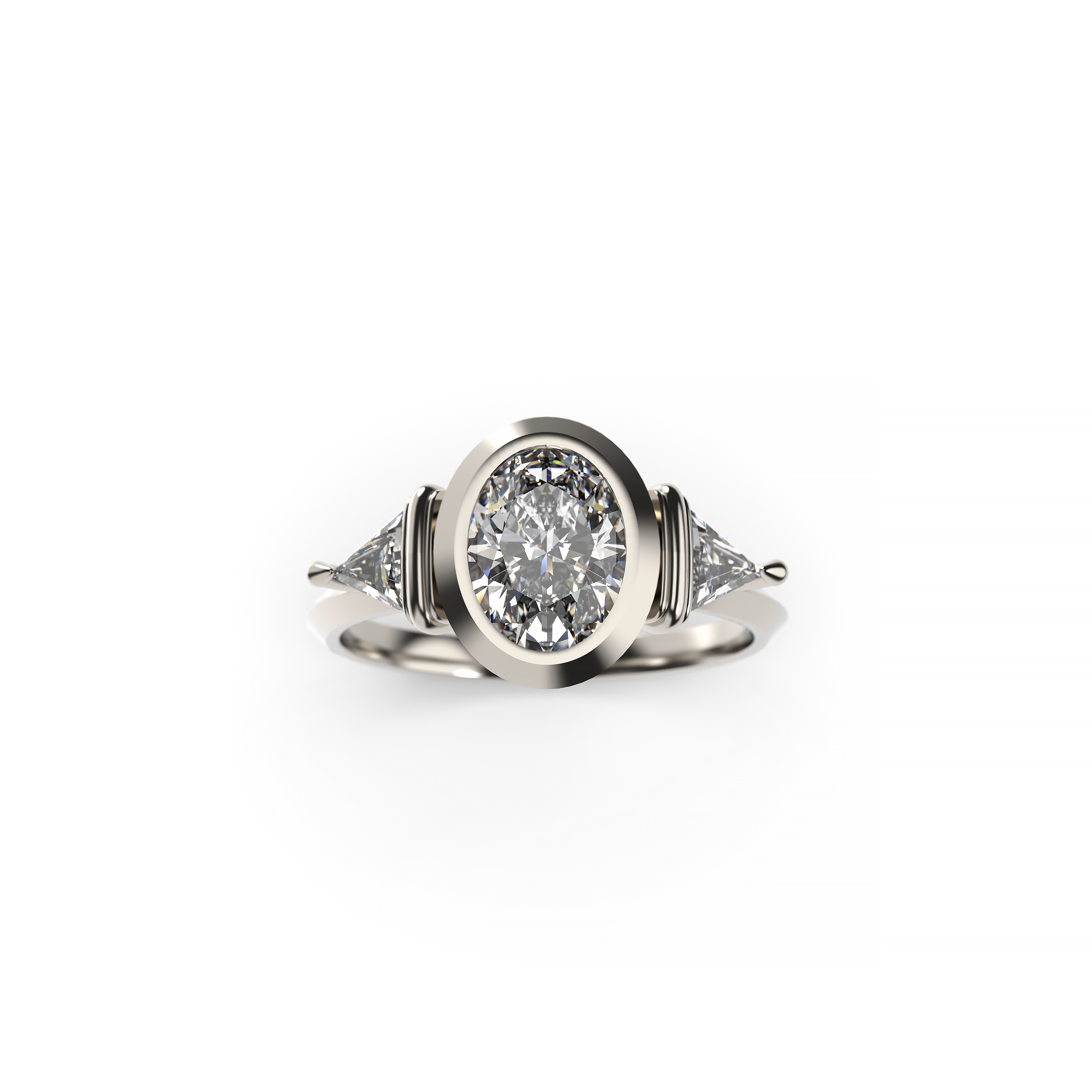 Oval Bezel-Set Diamond Engagement Ring with Trillion Side Stones and Knife-Edge Band