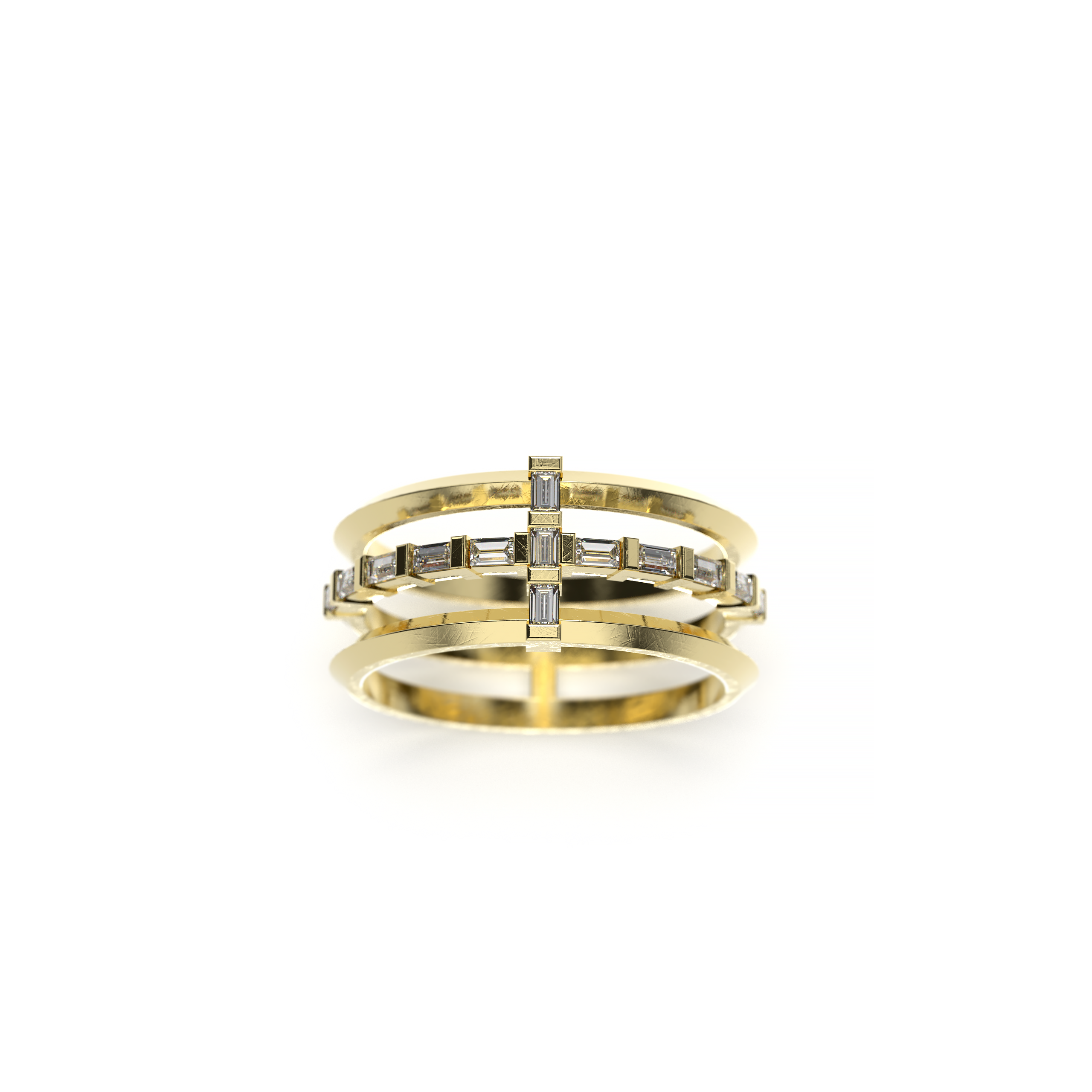 Yellow gold triple band ring featuring baguette diamonds in a structured cross setting, top view on a white background
