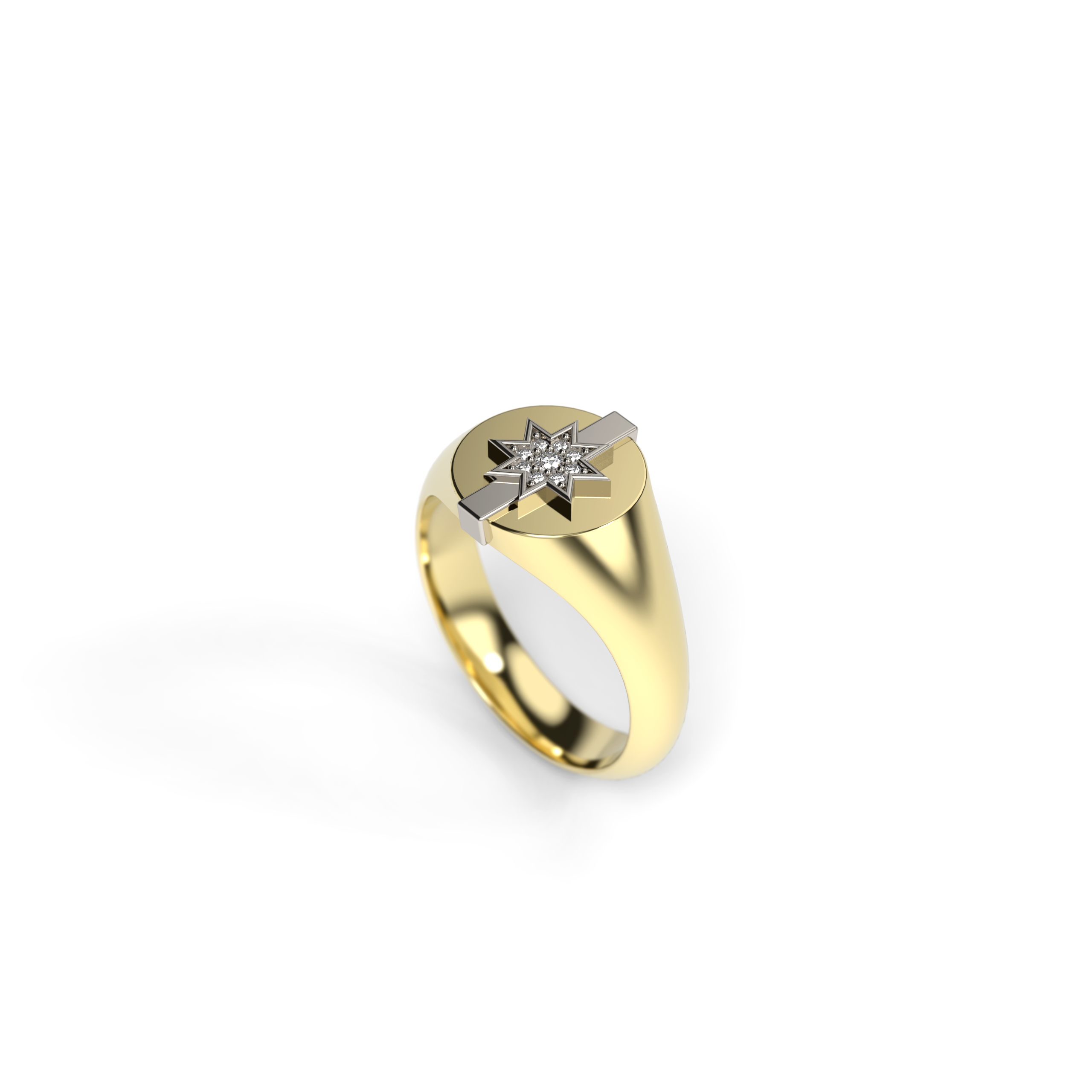 Star signet ring with diamond cluster and D-shape band perspective view
