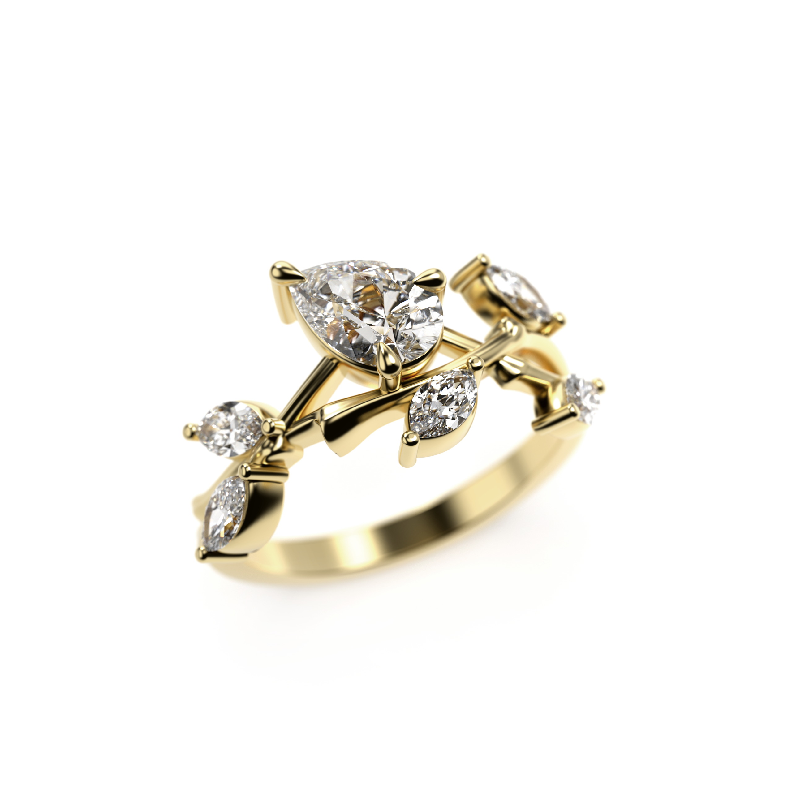 Gold ring with diamond accents on a white background