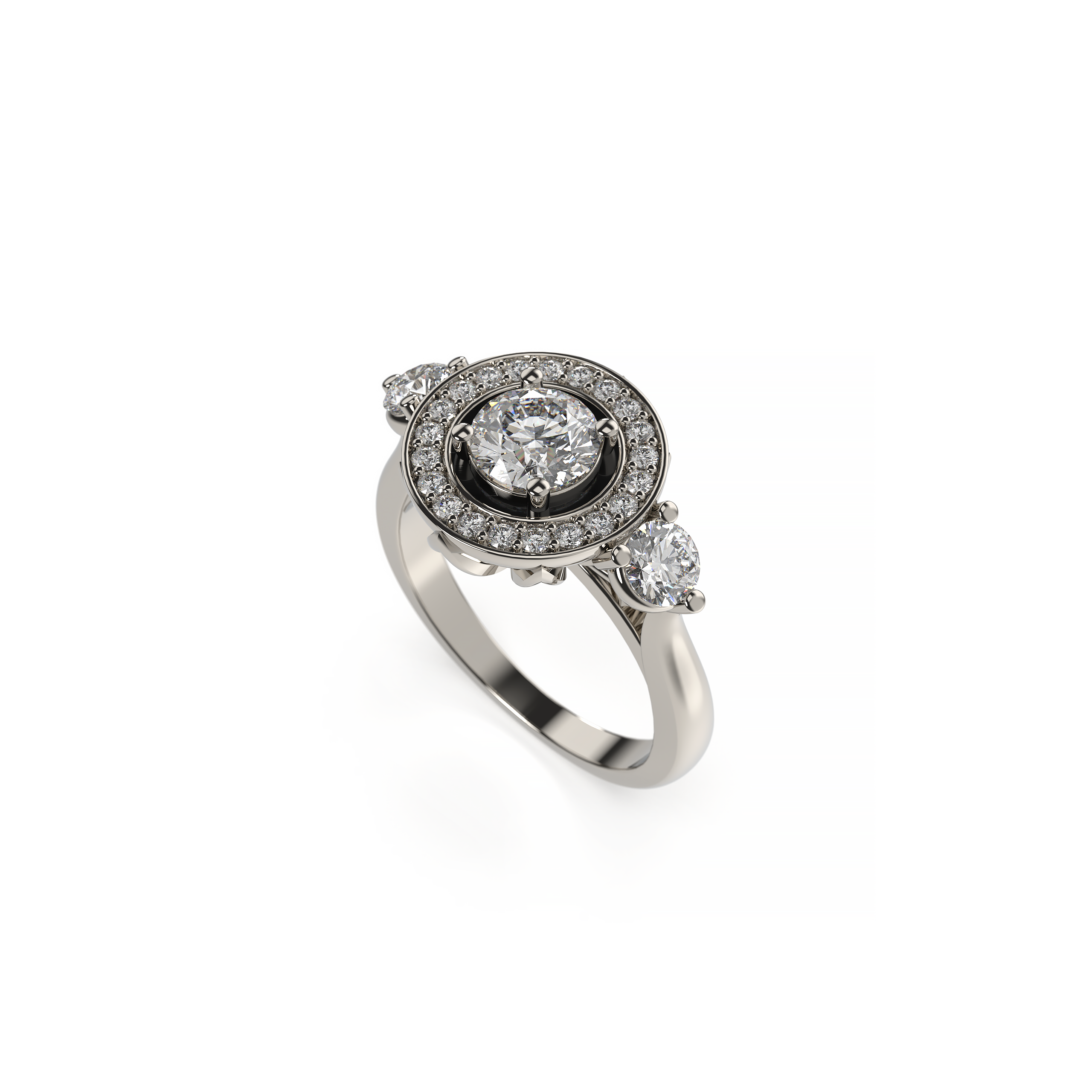 Diamond ring with a white gold band on a white background