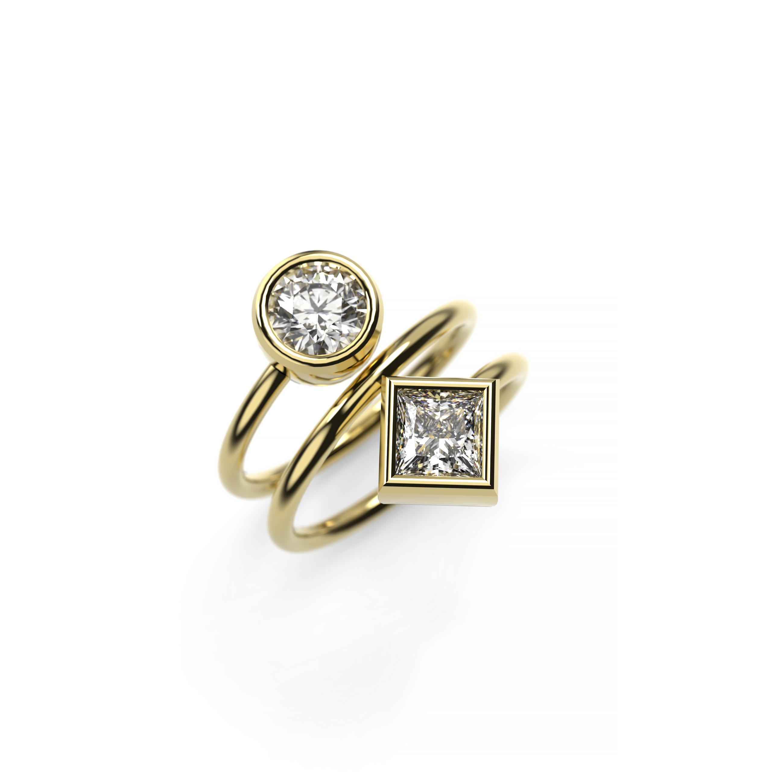 Spiral Two-Diamond Ring with Round and Princess-Cut Diamonds