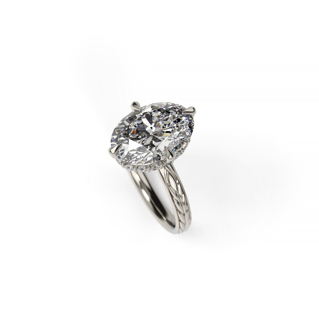 Oval Diamond Hidden Halo Engagement Ring with Compass Prongs and Spikelet-Inspired Shank