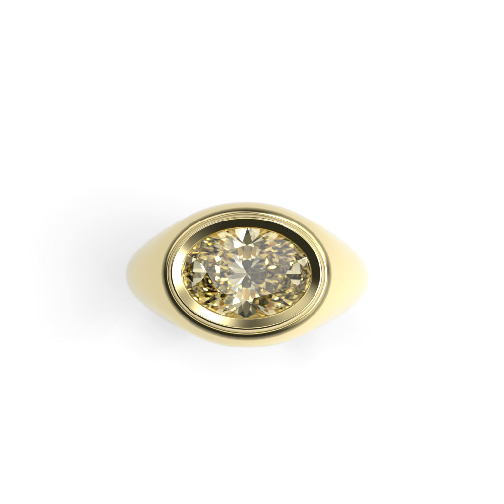 Top view of an oval yellow diamond set horizontally in a stepped bezel