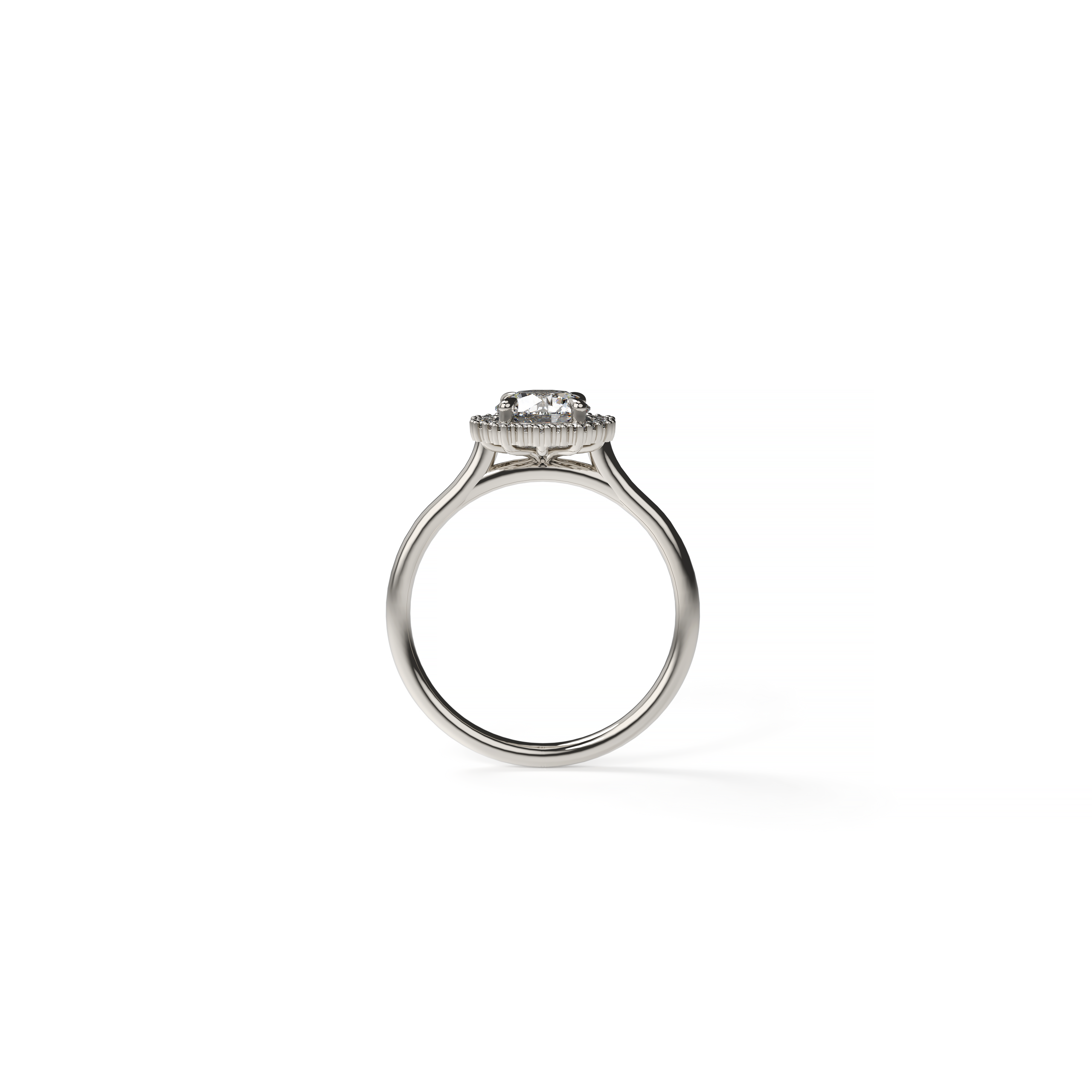 White gold engagement ring featuring a 1-carat round diamond with a classic diamond halo and polished band, shown in front view