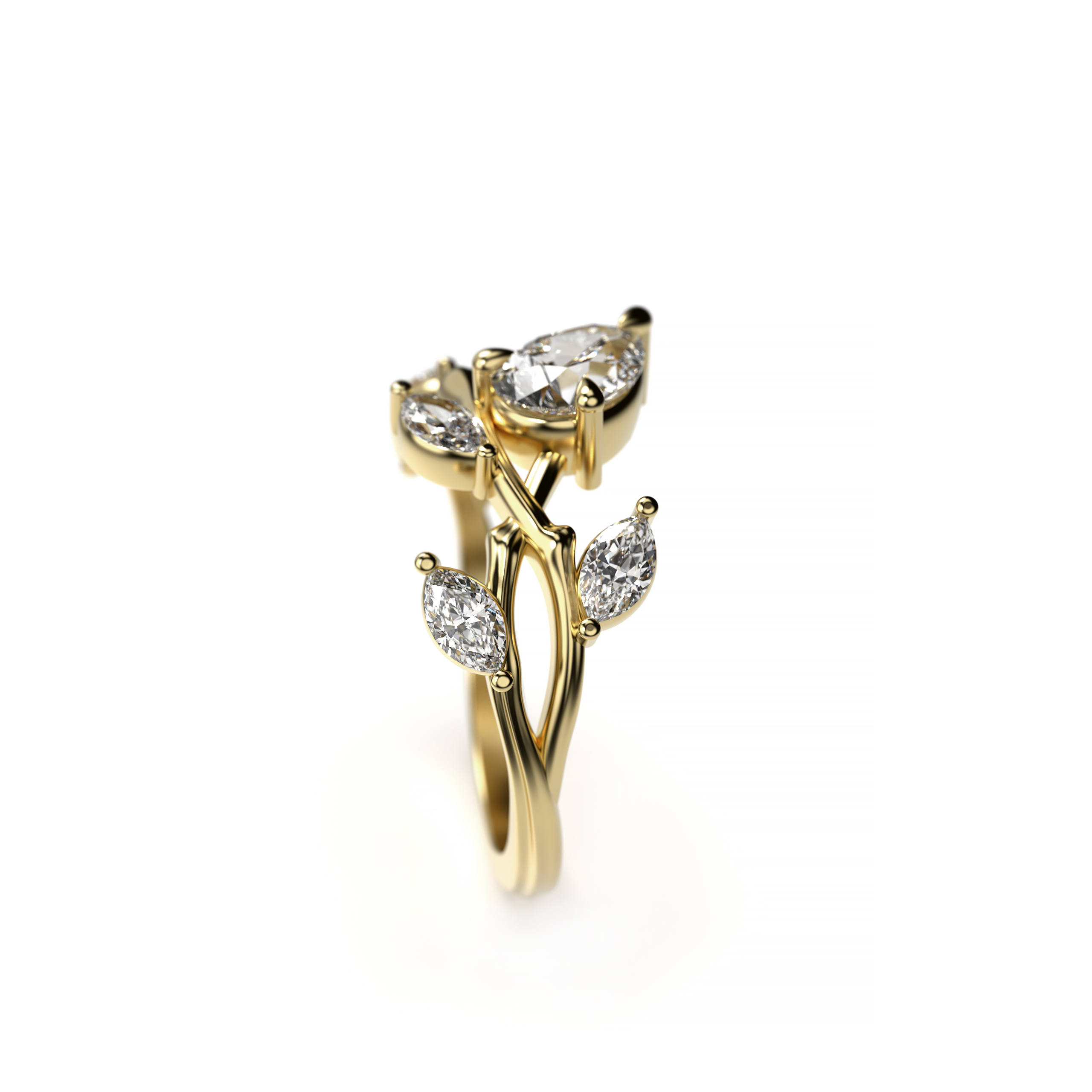 Gold ring with diamond accents on a white background