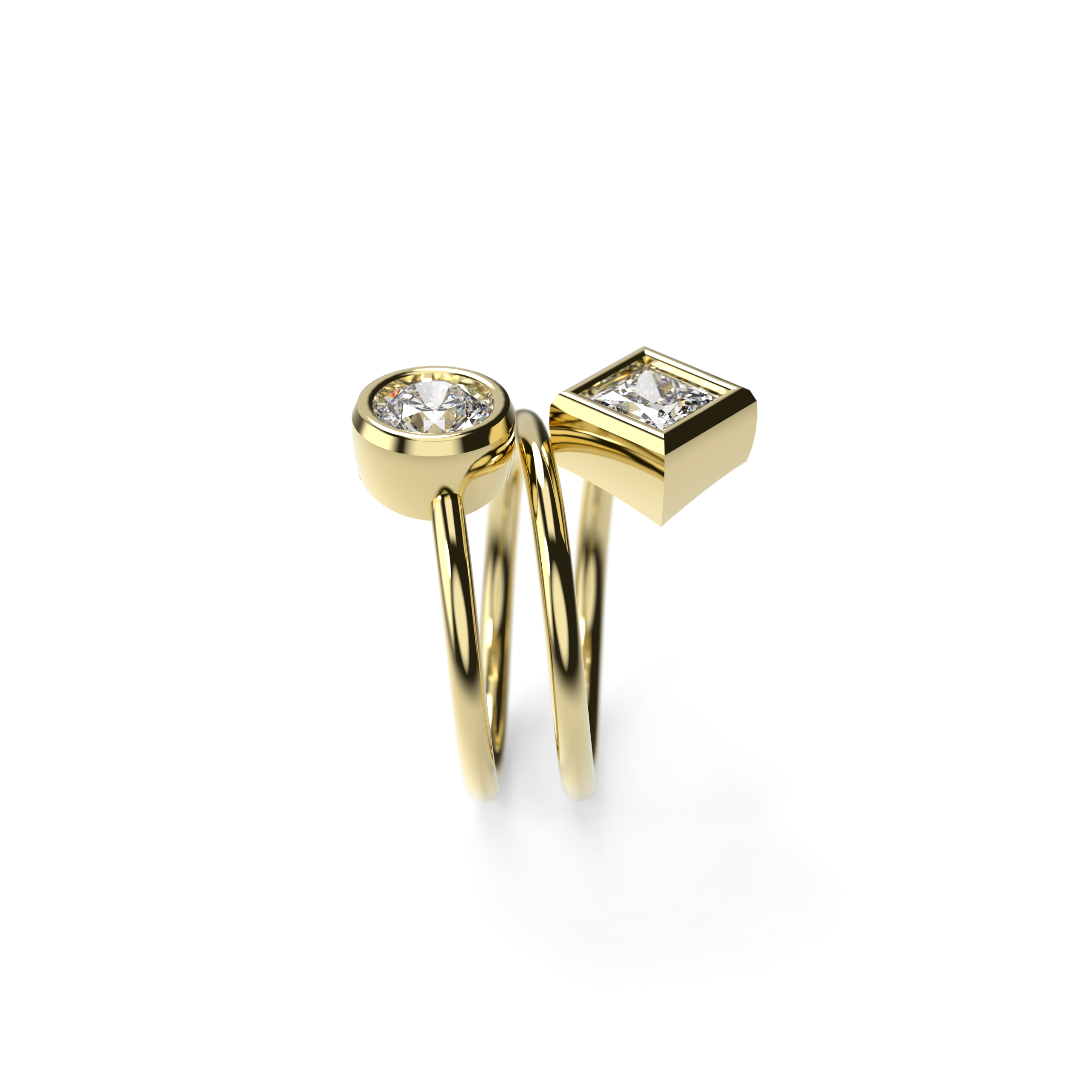 Spiral Two-Diamond Ring with Round and Princess-Cut Diamonds