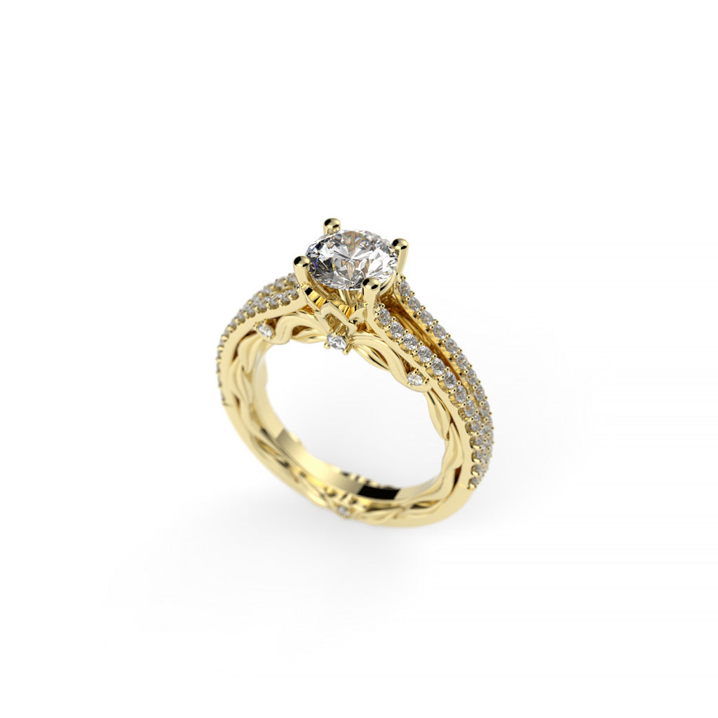 Round Diamond Art Nouveau-Inspired Engagement Ring with Pavé Split Shank