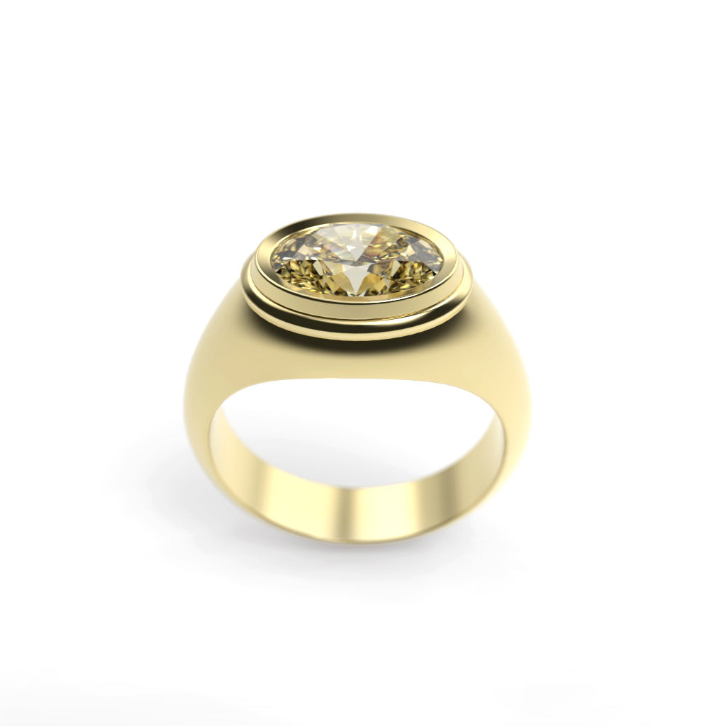 Low front view of a yellow diamond signet ring showing the bezel profile and tapered band