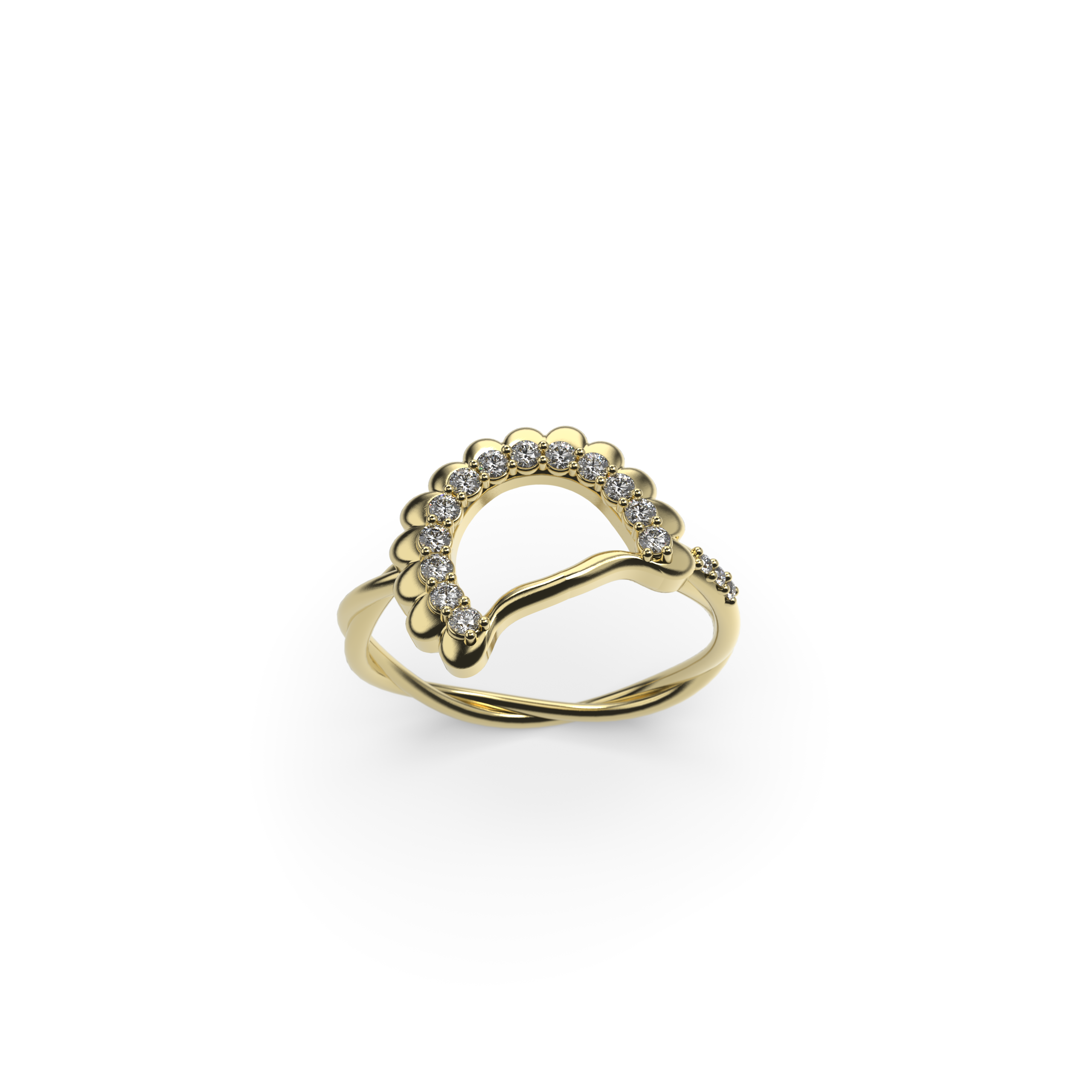 Yellow gold Pierogie ring with round diamonds and twisted shank top view
