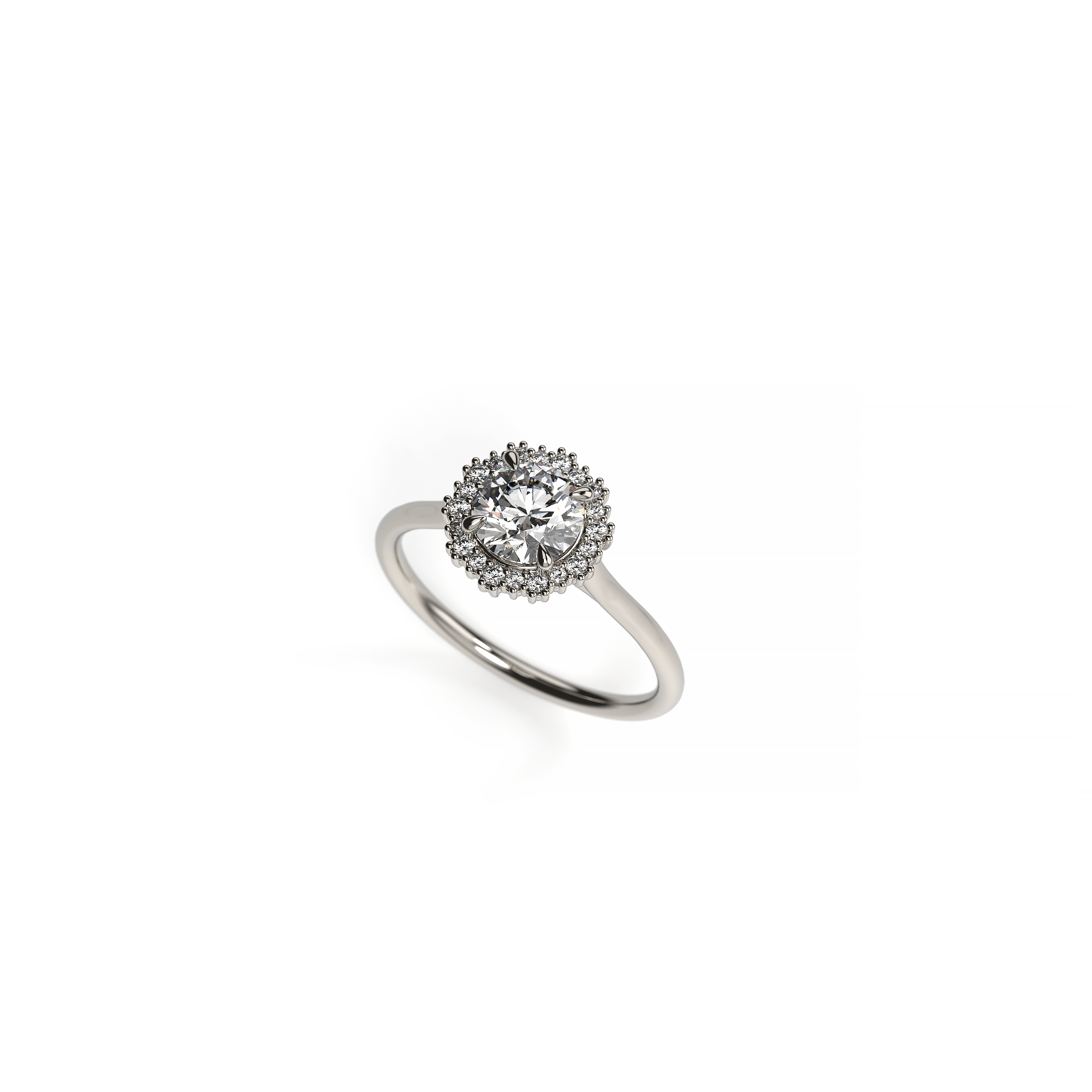 White gold engagement ring featuring a 1-carat round diamond with a classic diamond halo and polished band, shown in perspective view