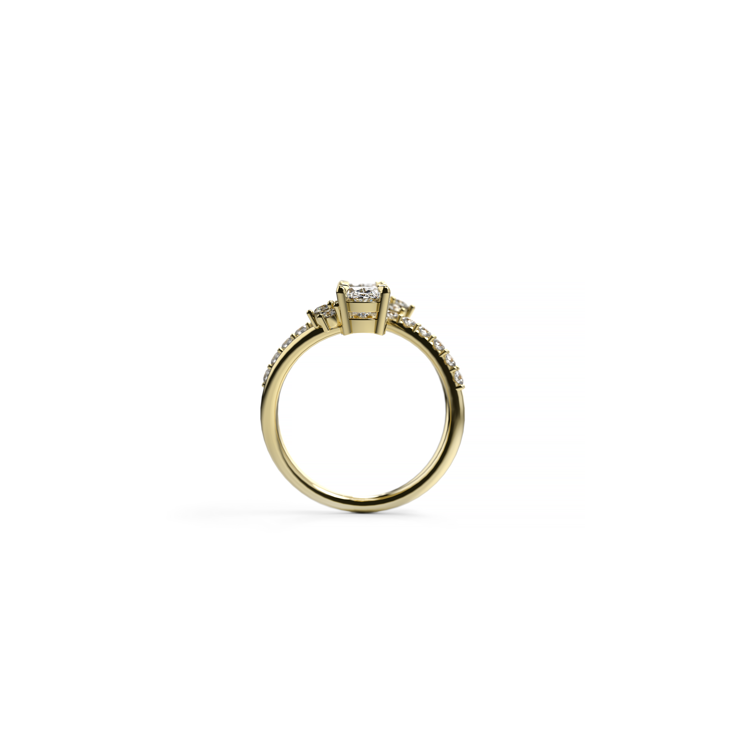 Yellow gold bypass ring featuring two oval diamonds with half halos and a pavé-set diamond band, front view