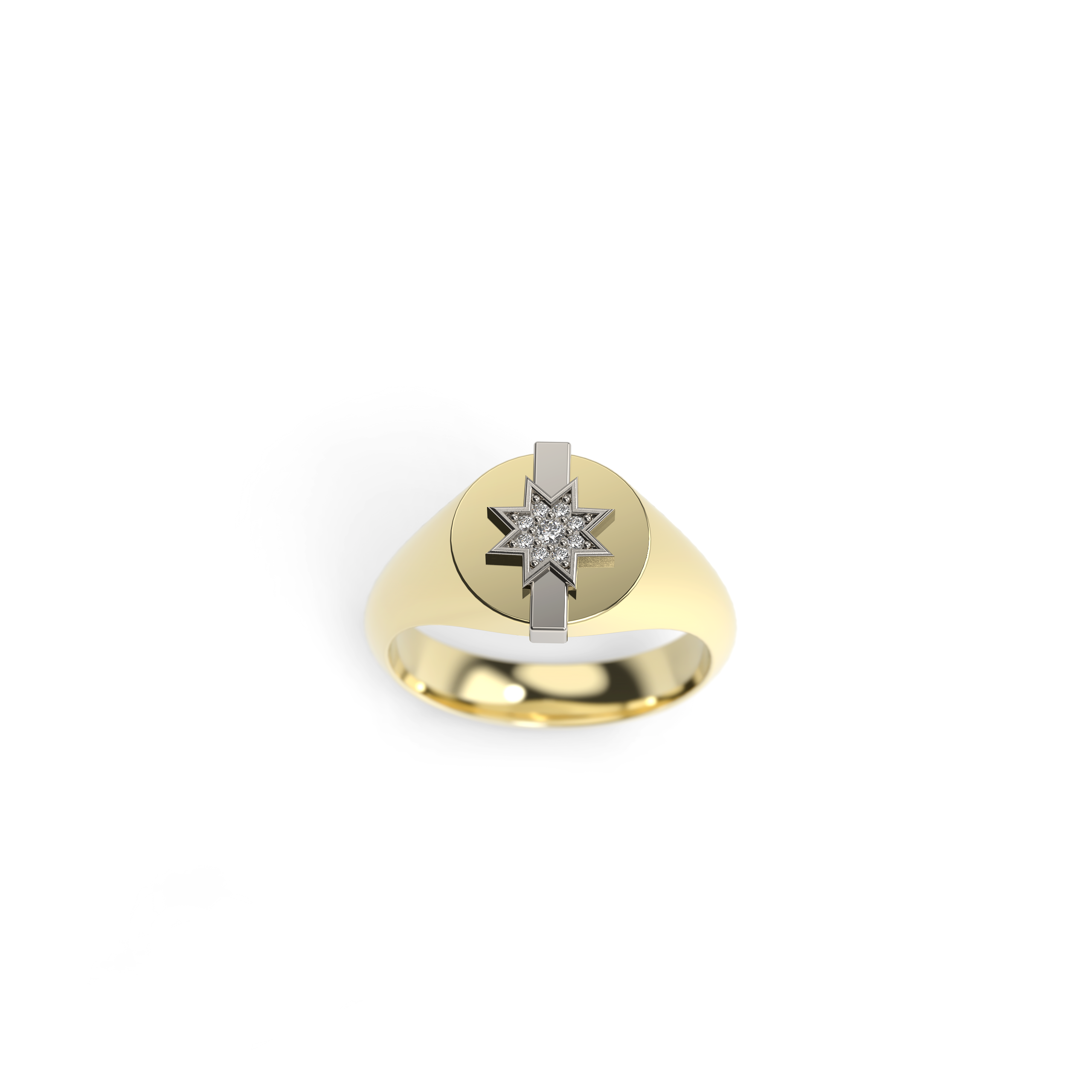 Star signet ring with diamond cluster and D-shape band  top view
