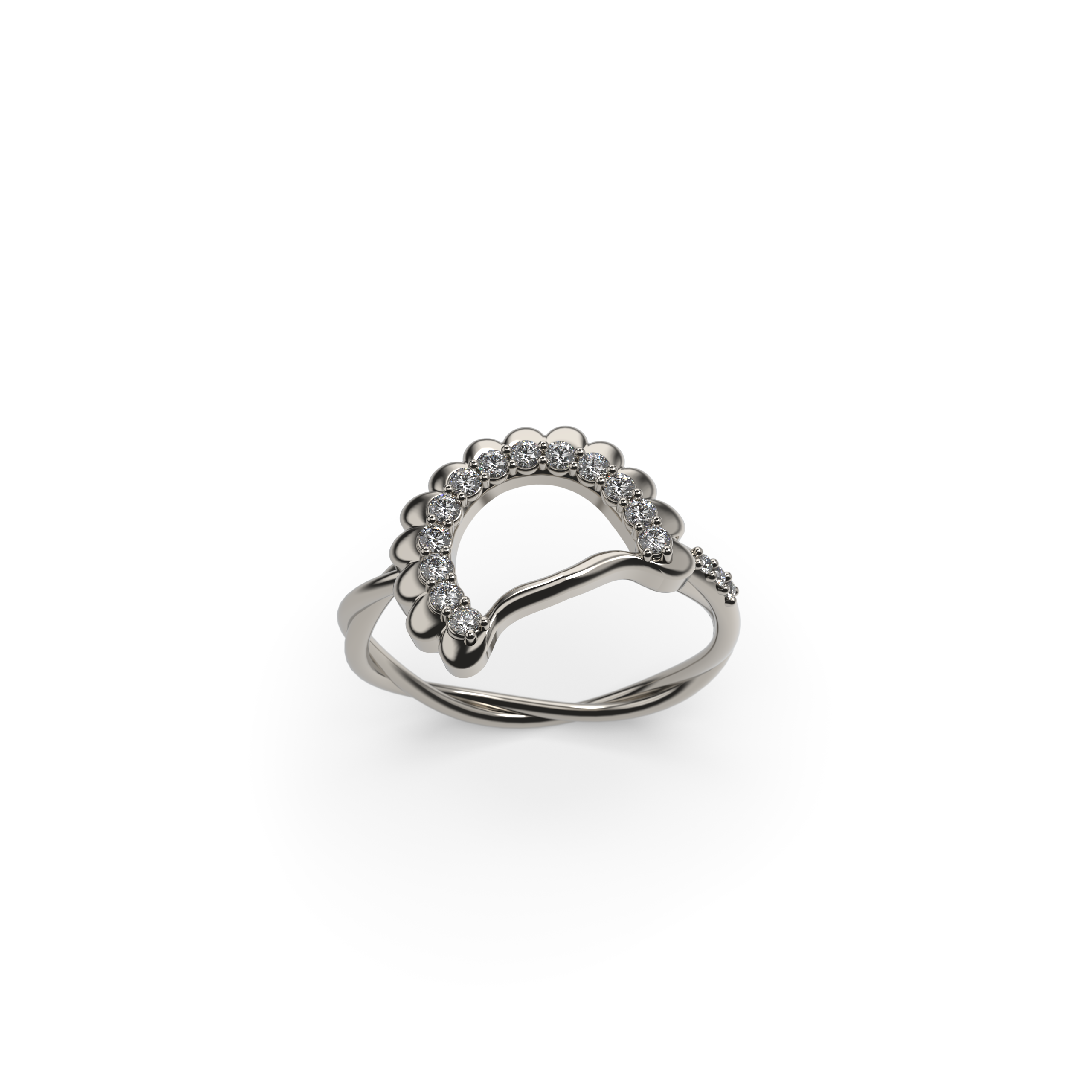 White gold Pierogie ring with round diamonds and twisted shank top view