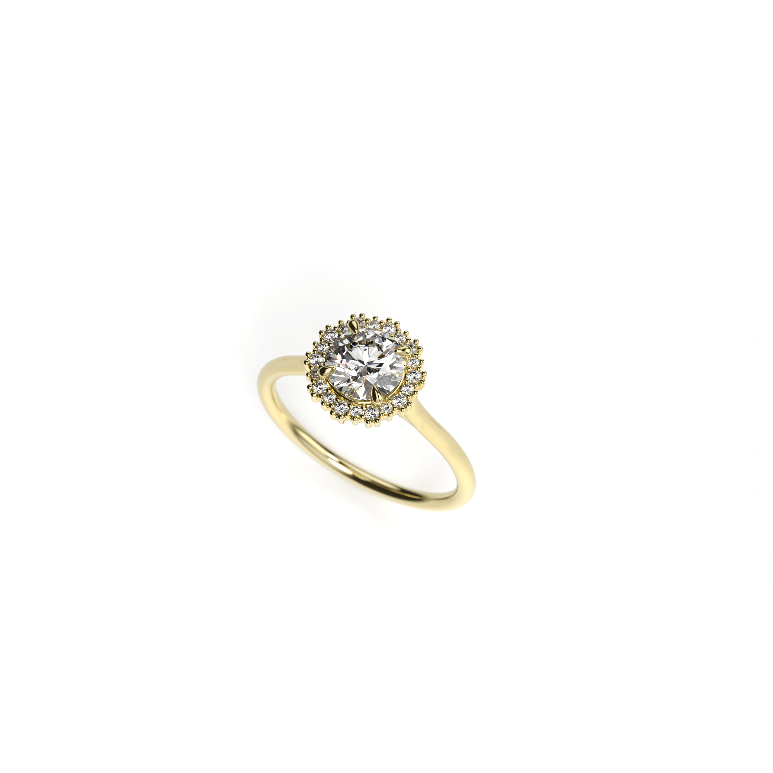 Yellow gold engagement ring featuring a 1-carat round diamond with a classic diamond halo and polished band, shown in perspective view