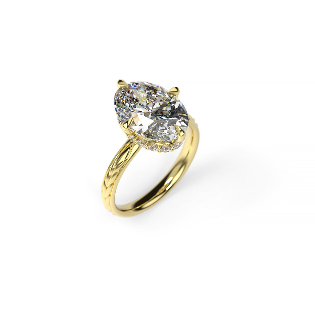 Oval Diamond Hidden Halo Engagement Ring with Compass Prongs and Spikelet-Inspired Shank