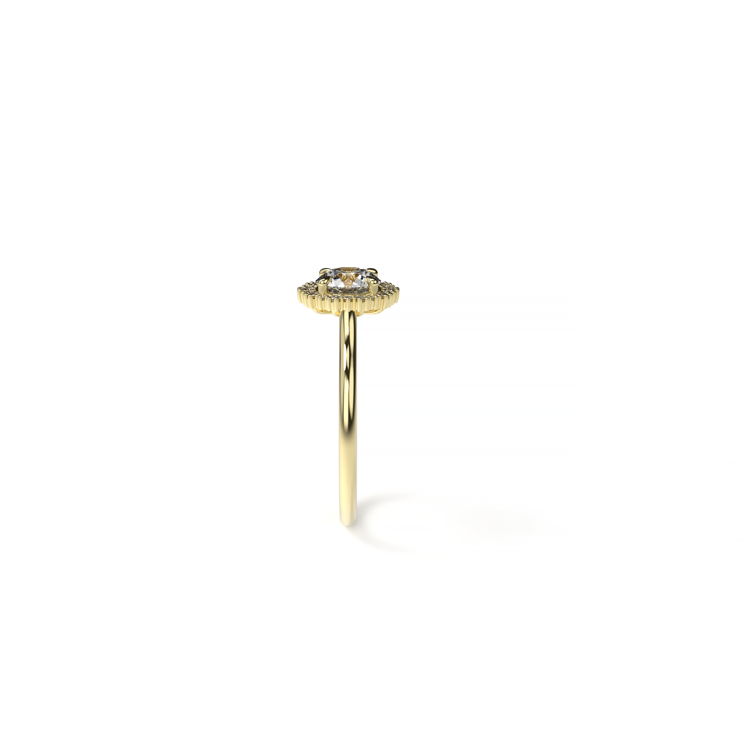 Yellow gold engagement ring featuring a 1-carat round diamond with a classic diamond halo and polished band, shown in side view