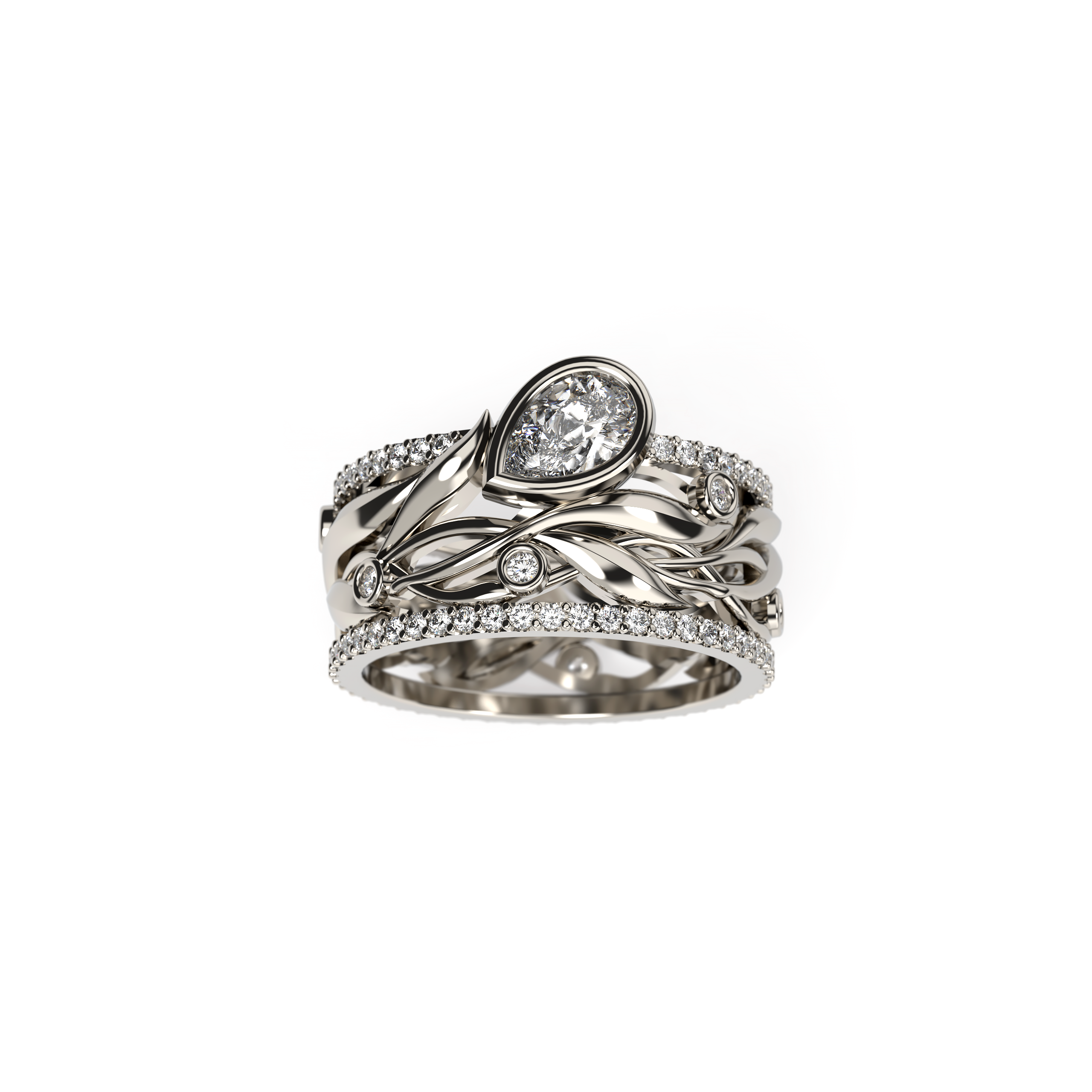 Engagement ring with diamond , pear shaped diamonds in center, organic style