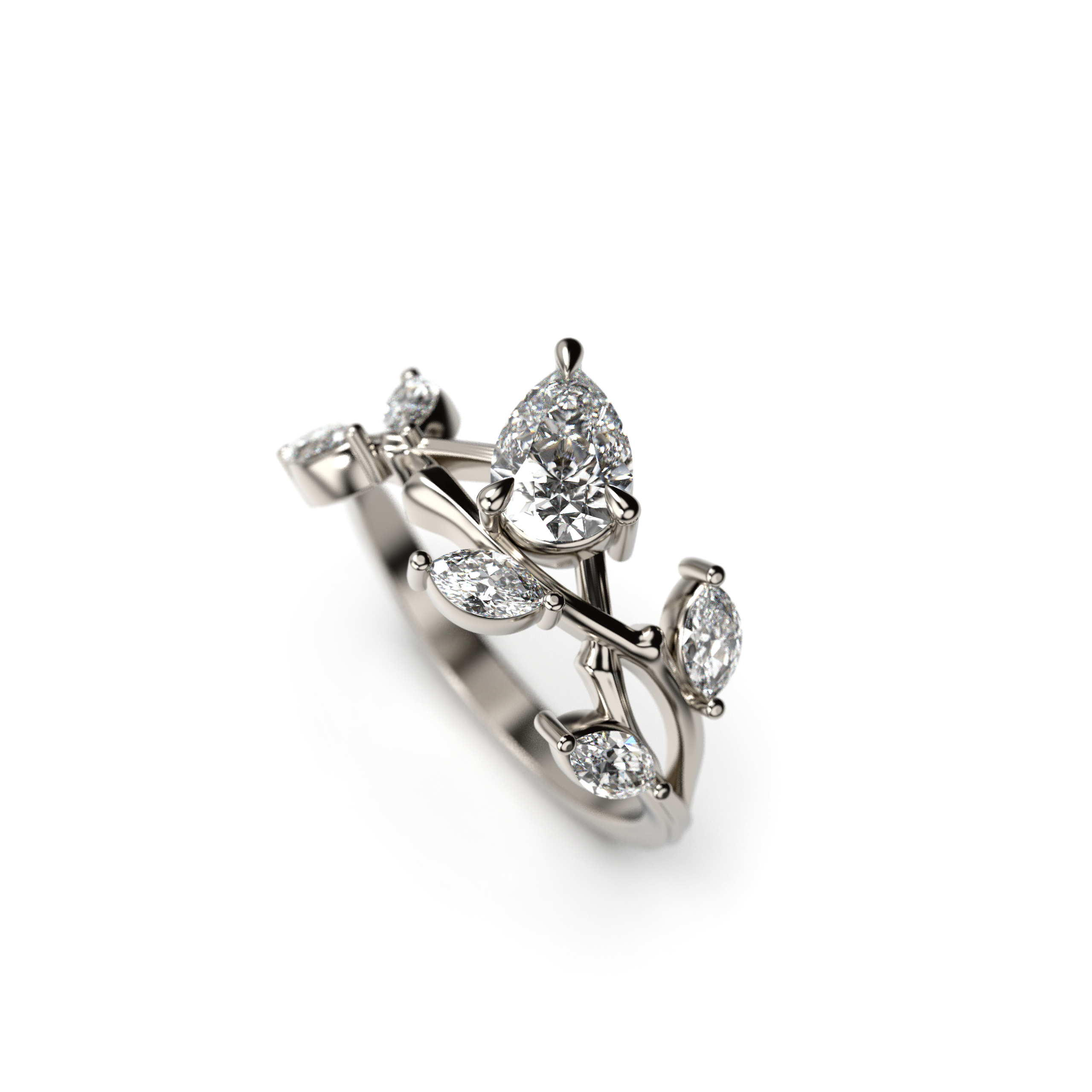 Platinum ring with leaf design and embedded stones on a white background